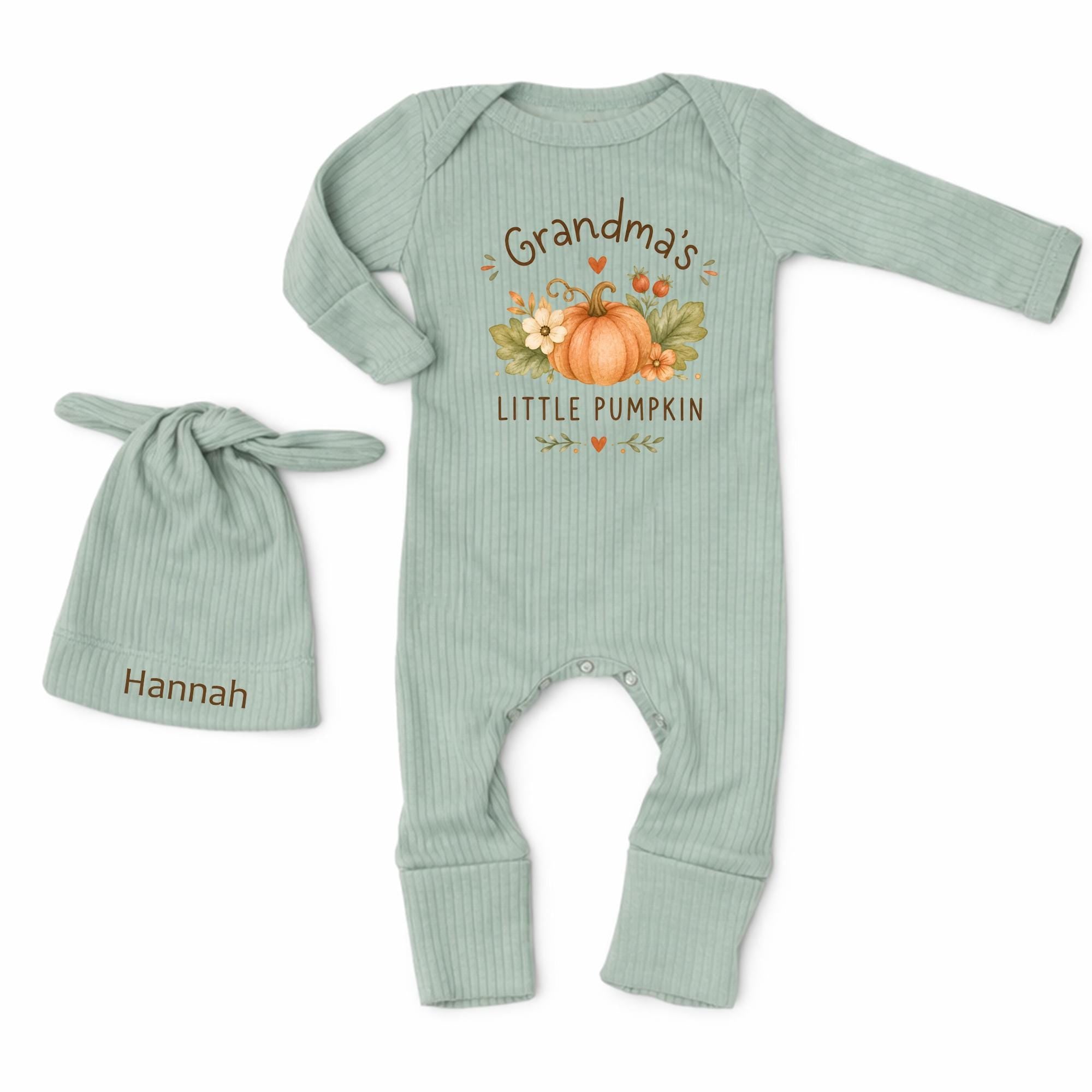 Grandma's Little Pumpkin Baby Bodysuit and Custom Name Hat, First Thanksgiving Outfit, Fall Baby Clothes for Newborns and Infants