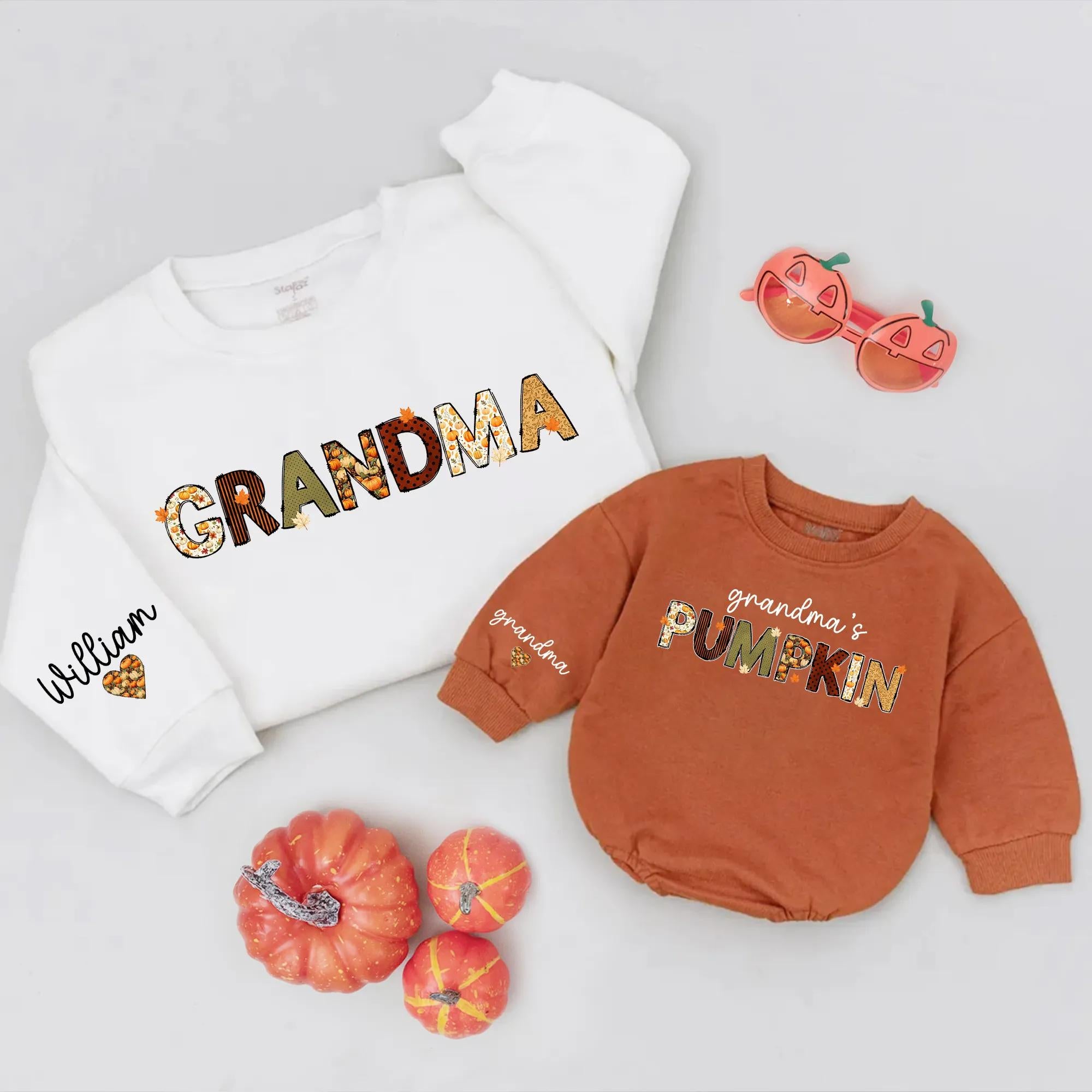 Grandma's Pumpkin Matching Shirts with Custom Name, Cozy Fall Typography Outfit for Baby and Grandma, Autumn Family Look