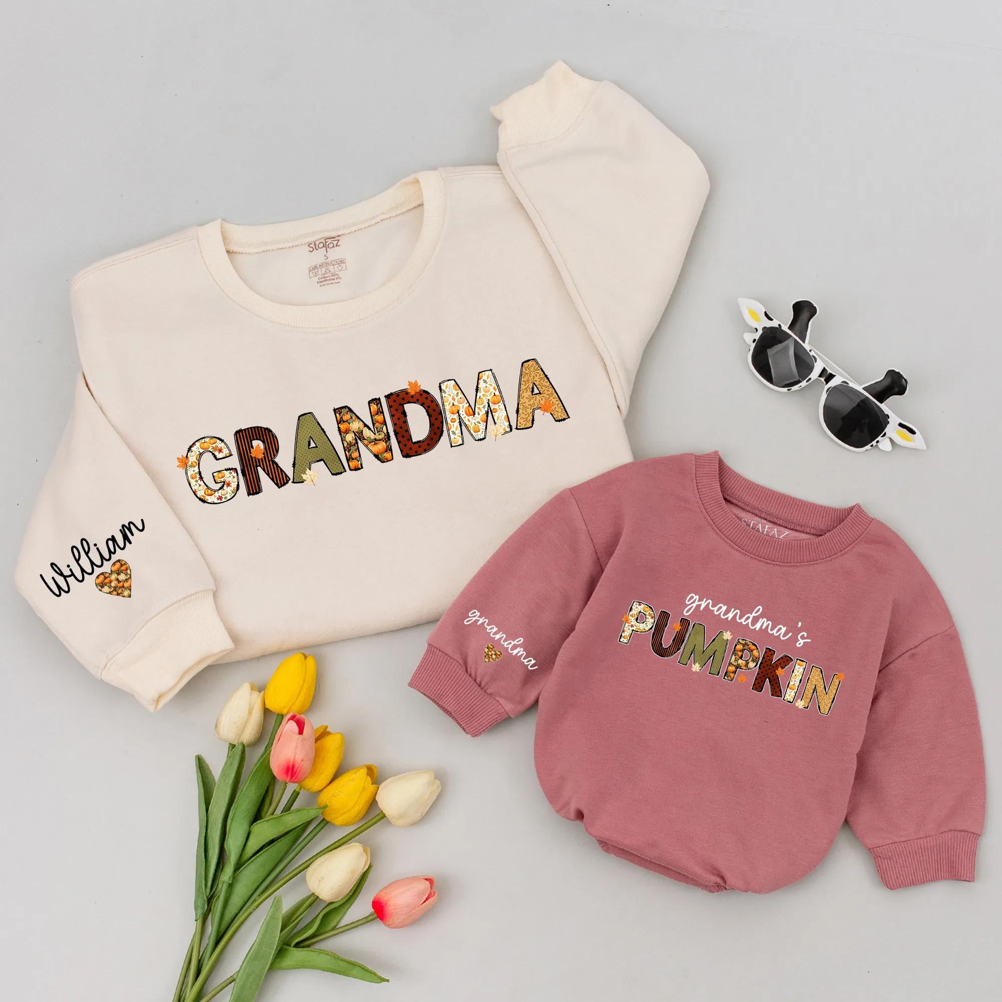 Grandma's Pumpkin Matching Shirts with Custom Name, Cozy Fall Typography Outfit for Baby and Grandma, Autumn Family Look