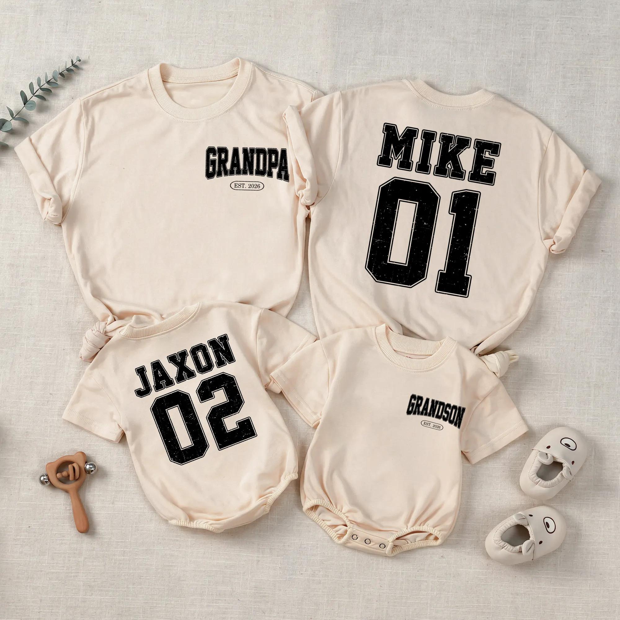 Grandpa and Grandson Matching Outfit with Custom Name and Number, Family Shirts and Baby Romper Set, Perfect for Special Moments