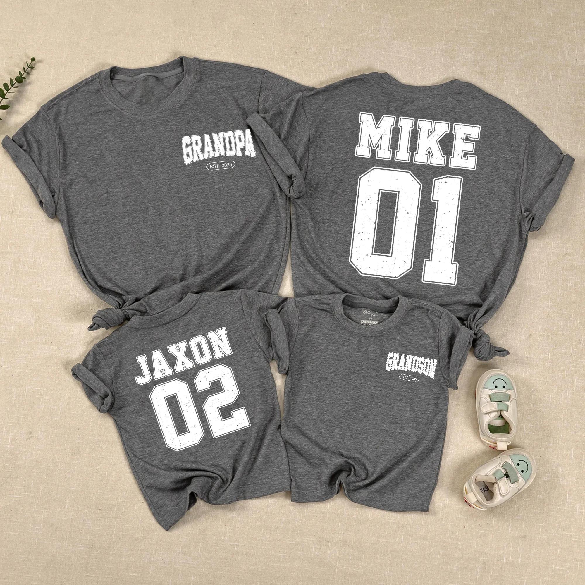 Grandpa and Grandson Matching Outfit with Custom Name and Number, Family Shirts and Baby Romper Set, Perfect for Special Moments