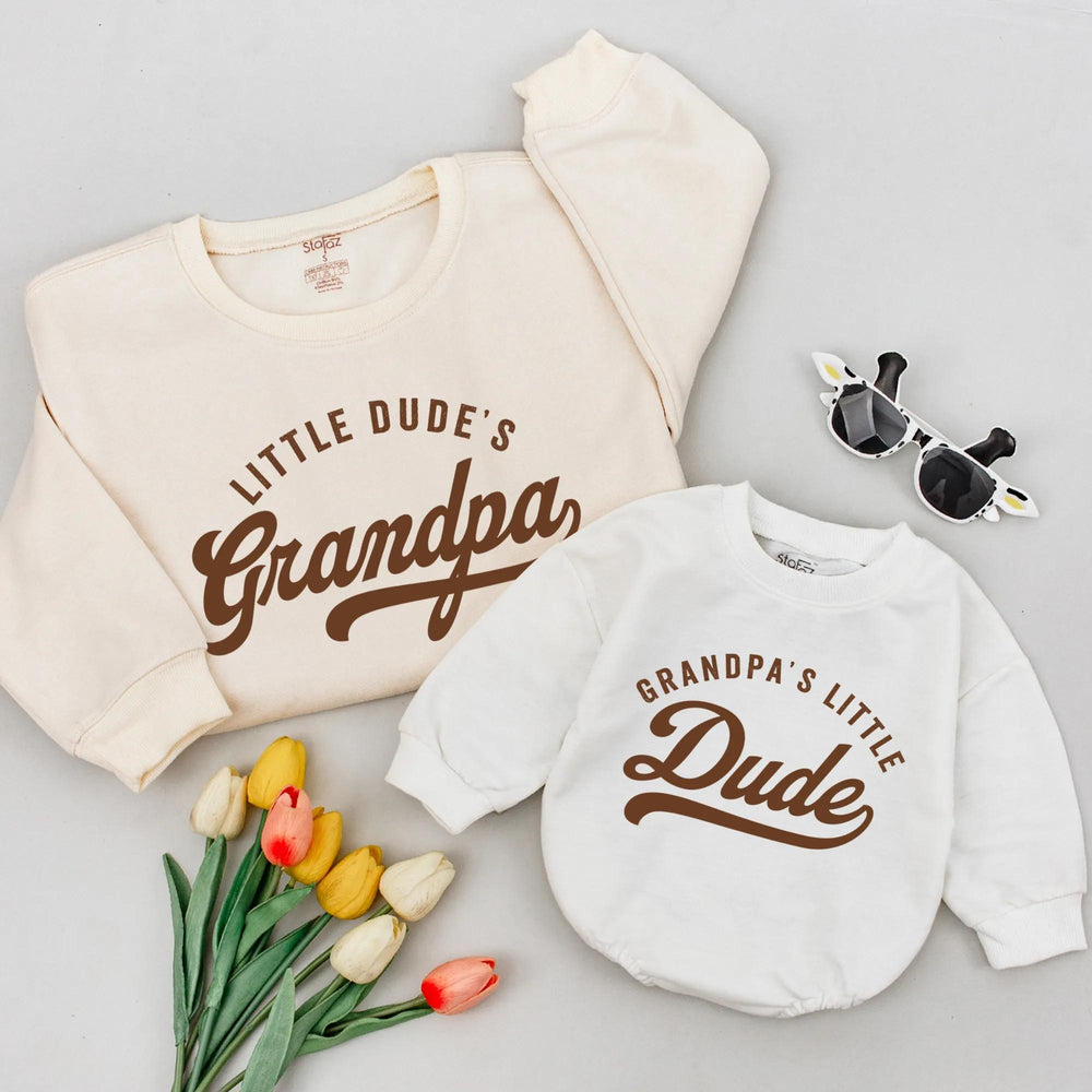 Grandpa and Grandson Matching Shirts Retro Little Dude Outfit Gift for New Grandpa or Father’s Day Soft Cotton Family Set Casual Design