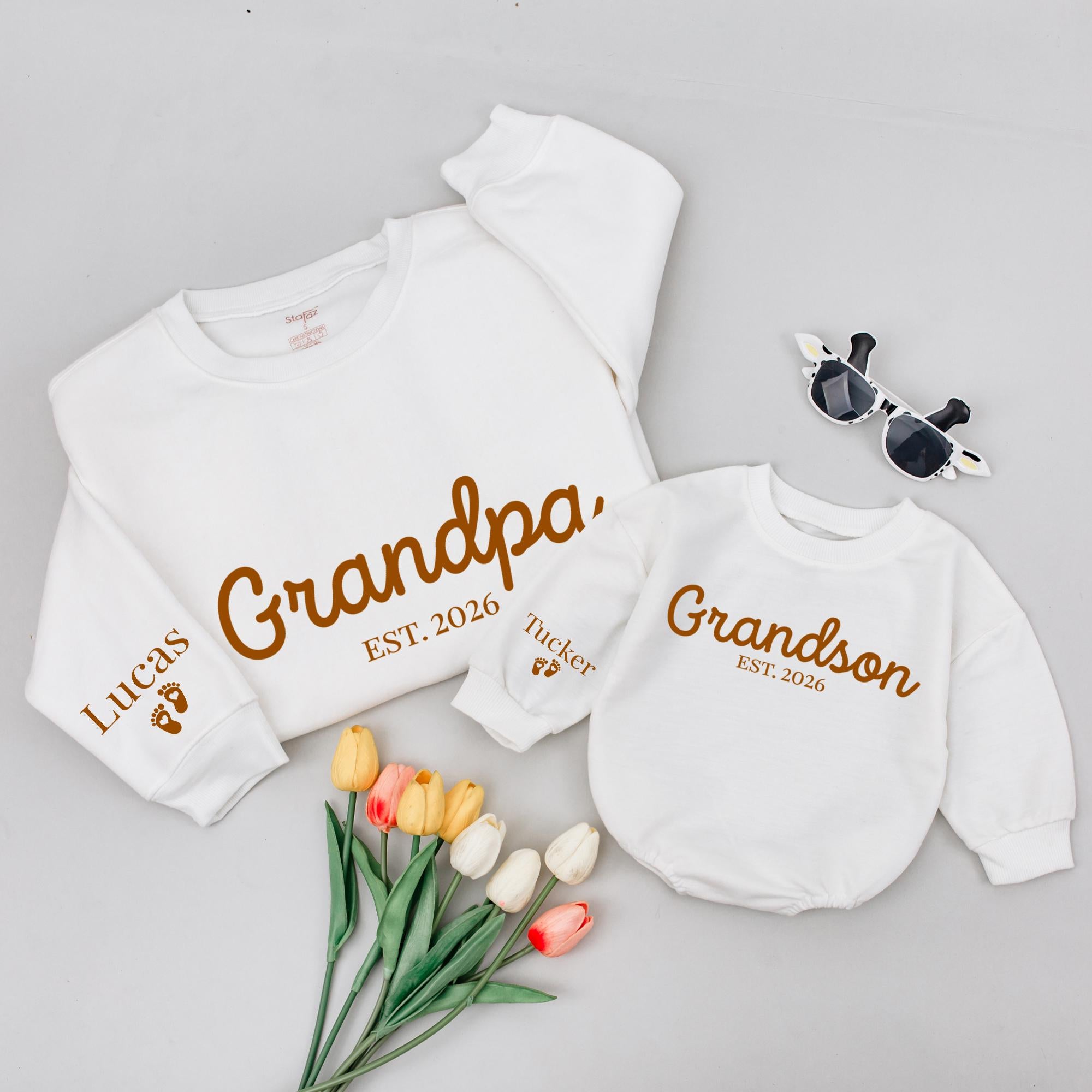 Grandpa and Grandson Matching Sweatshirts with Custom Names, Est. 2026 Family Outfit, First Time Grandparent Baby Announcement Gift