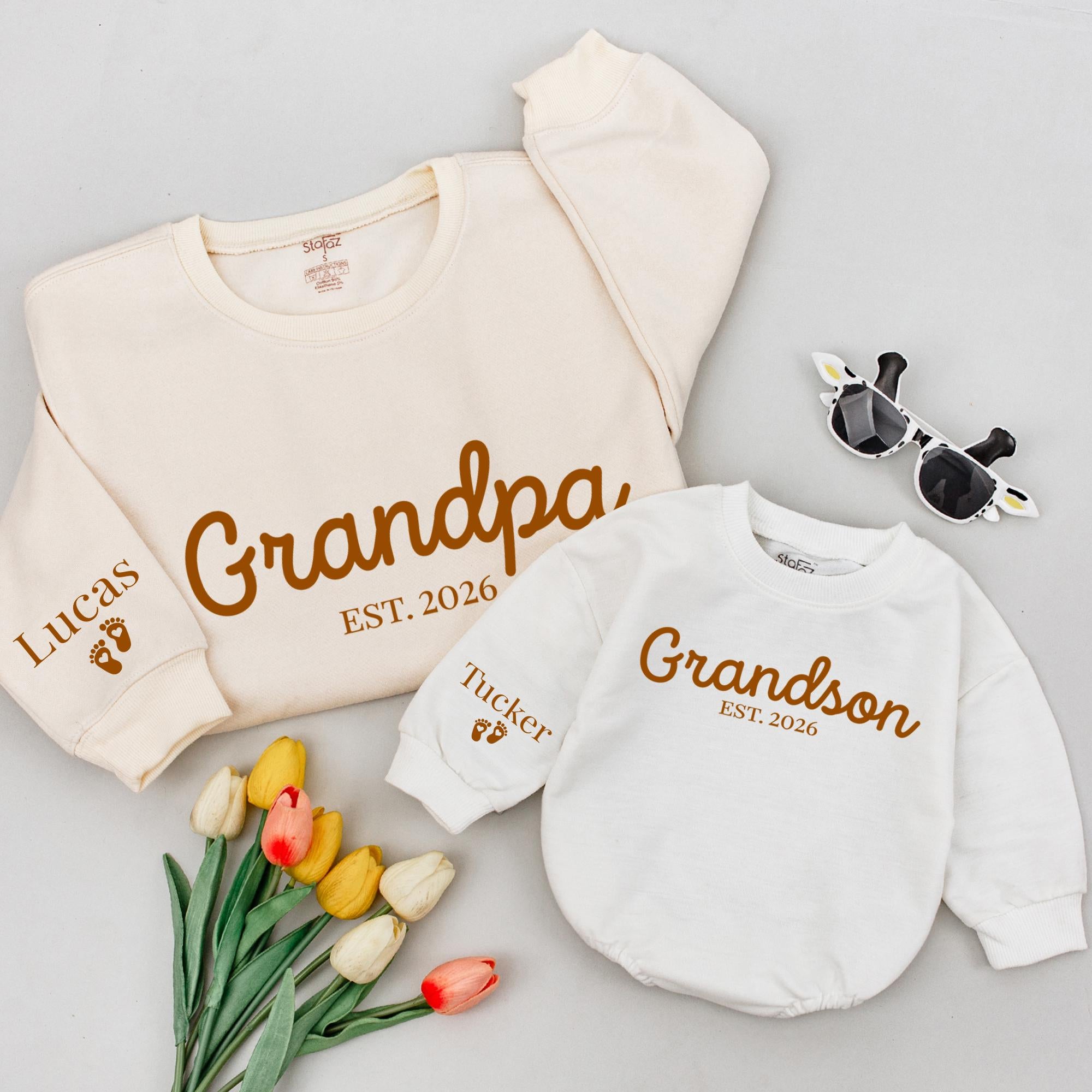 Grandpa and Grandson Matching Sweatshirts with Custom Names, Est. 2026 Family Outfit, First Time Grandparent Baby Announcement Gift