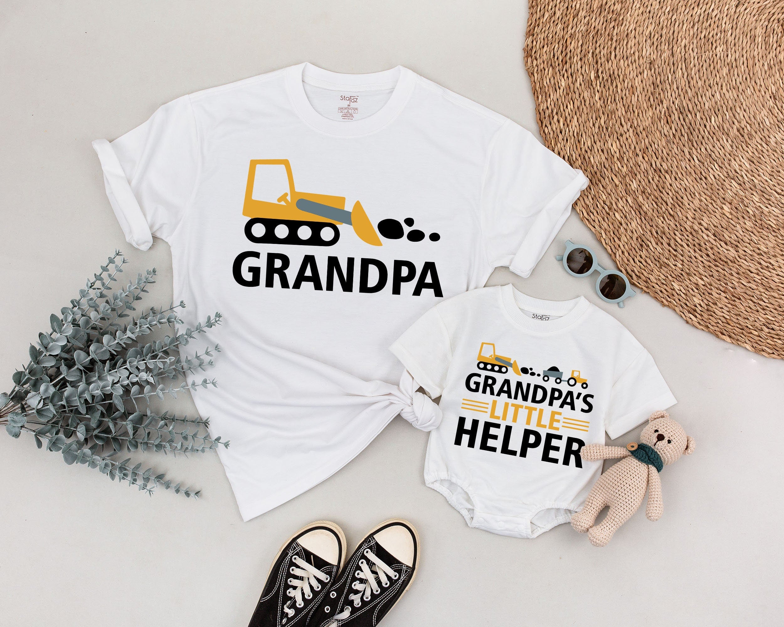 Grandpa and Me Matching Shirts with Construction Theme Bulldozer Graphic, Grandpa's Little Helper Toddler Outfit for Family Bonding