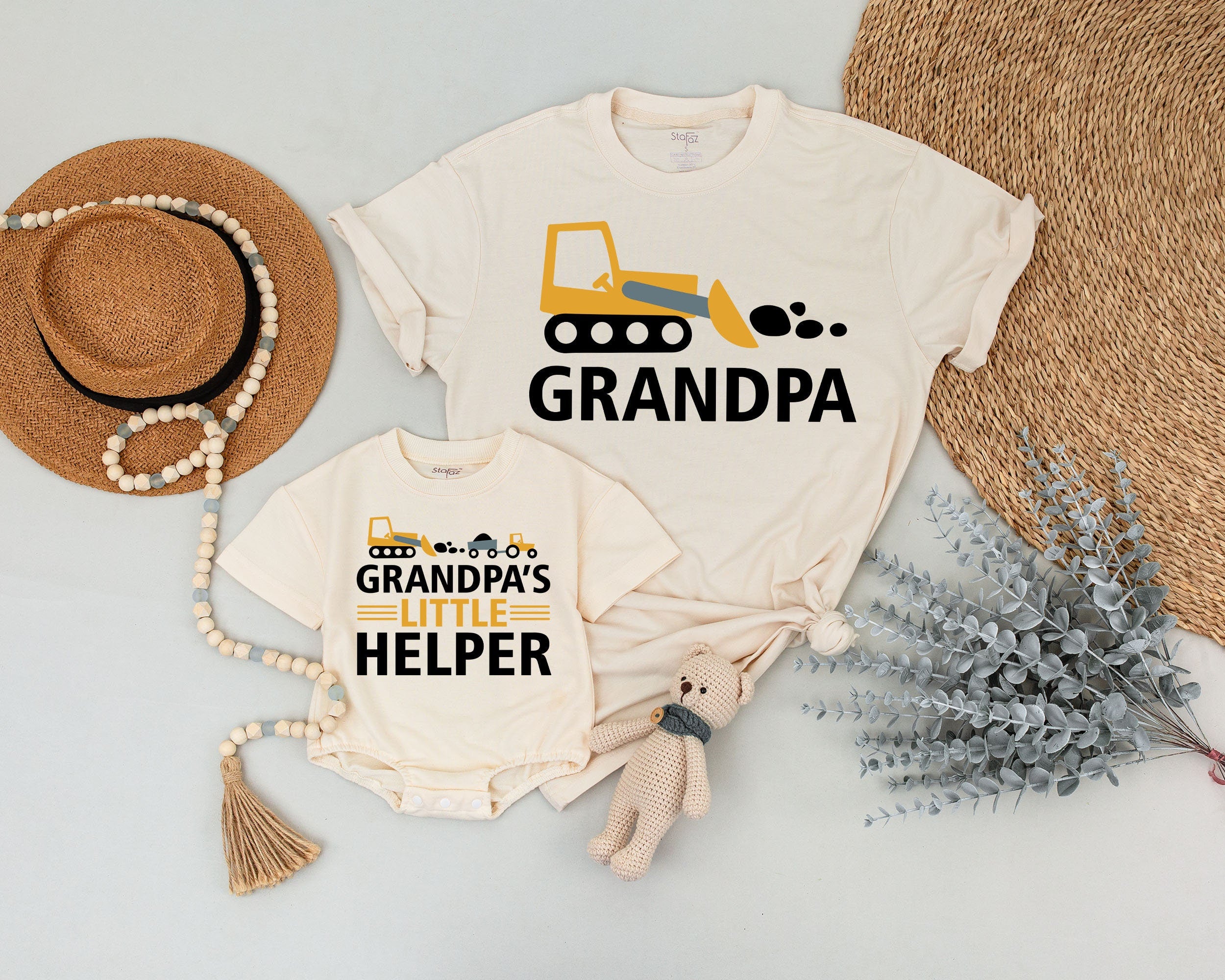 Grandpa and Me Matching Shirts with Construction Theme Bulldozer Graphic, Grandpa's Little Helper Toddler Outfit for Family Bonding