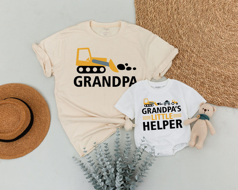 Grandpa and Me Matching Shirts with Construction Theme Bulldozer Graphic, Grandpa's Little Helper Toddler Outfit for Family Bonding