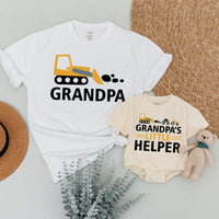 Grandpa and Me Matching Shirts with Construction Theme Bulldozer Graphic, Grandpa's Little Helper Toddler Outfit for Family Bonding