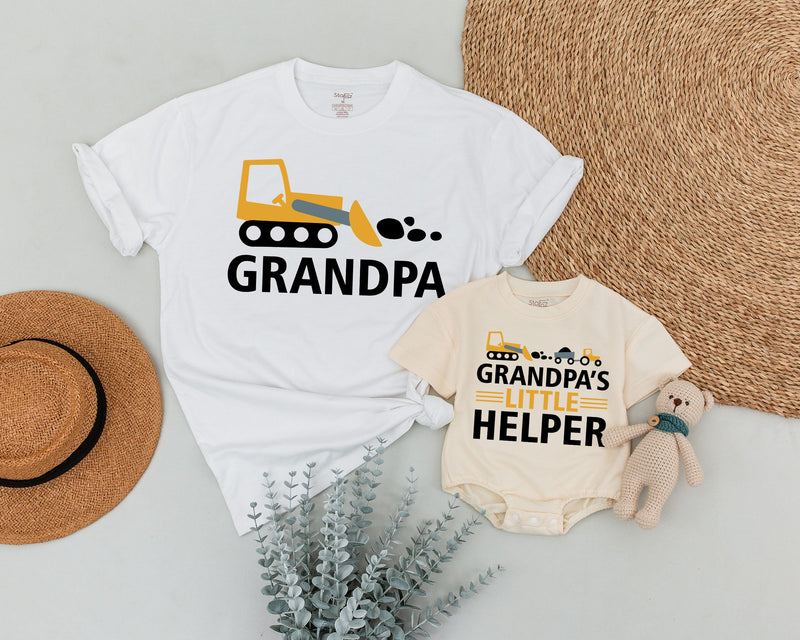 Grandpa and Me Matching Shirts with Construction Theme Bulldozer Graphic, Grandpa's Little Helper Toddler Outfit for Family Bonding