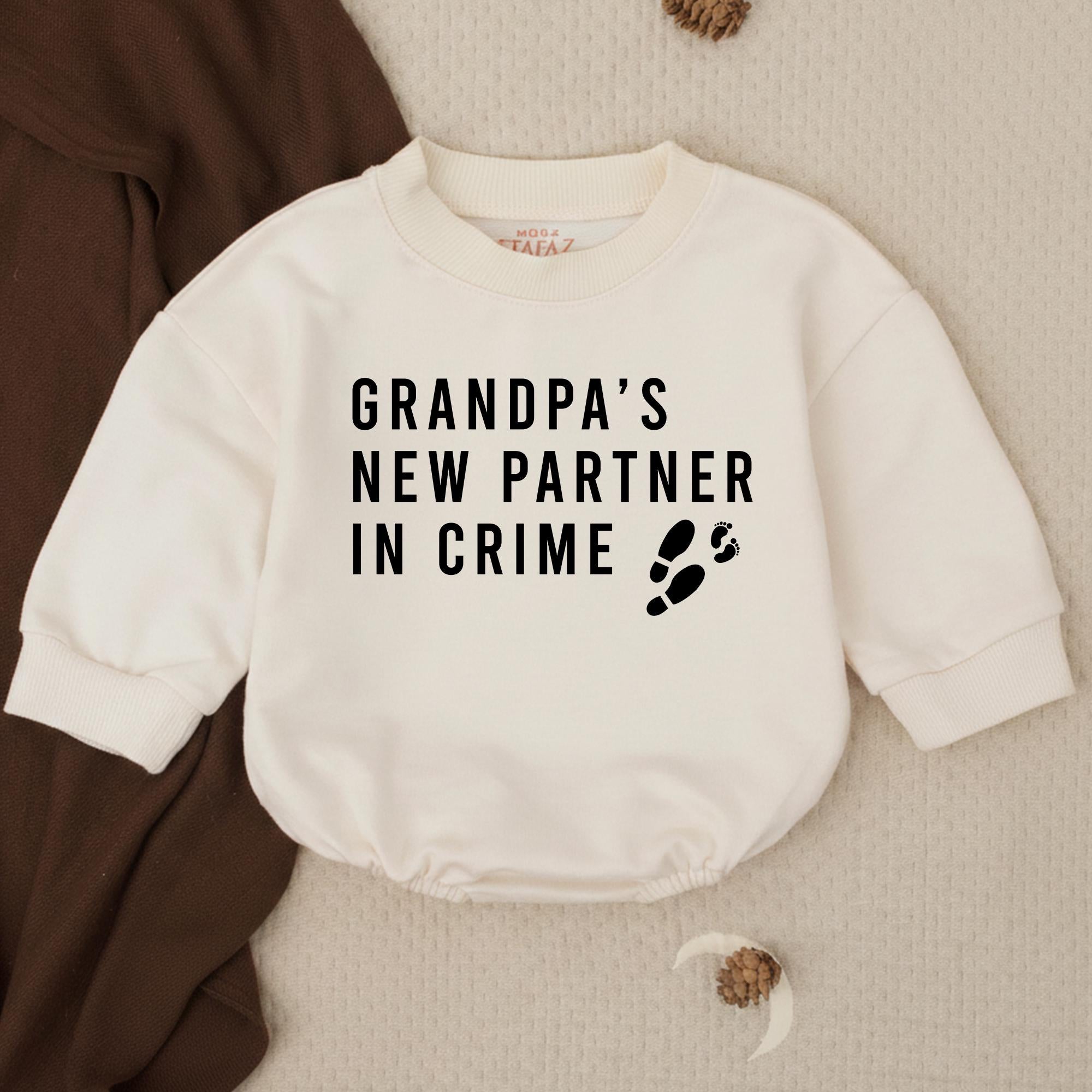 Grandpa’s New Partner in Crime Baby Romper with Footprint Graphic, Funny Newborn Outfit for Pregnancy Reveal or Baby Shower Gift