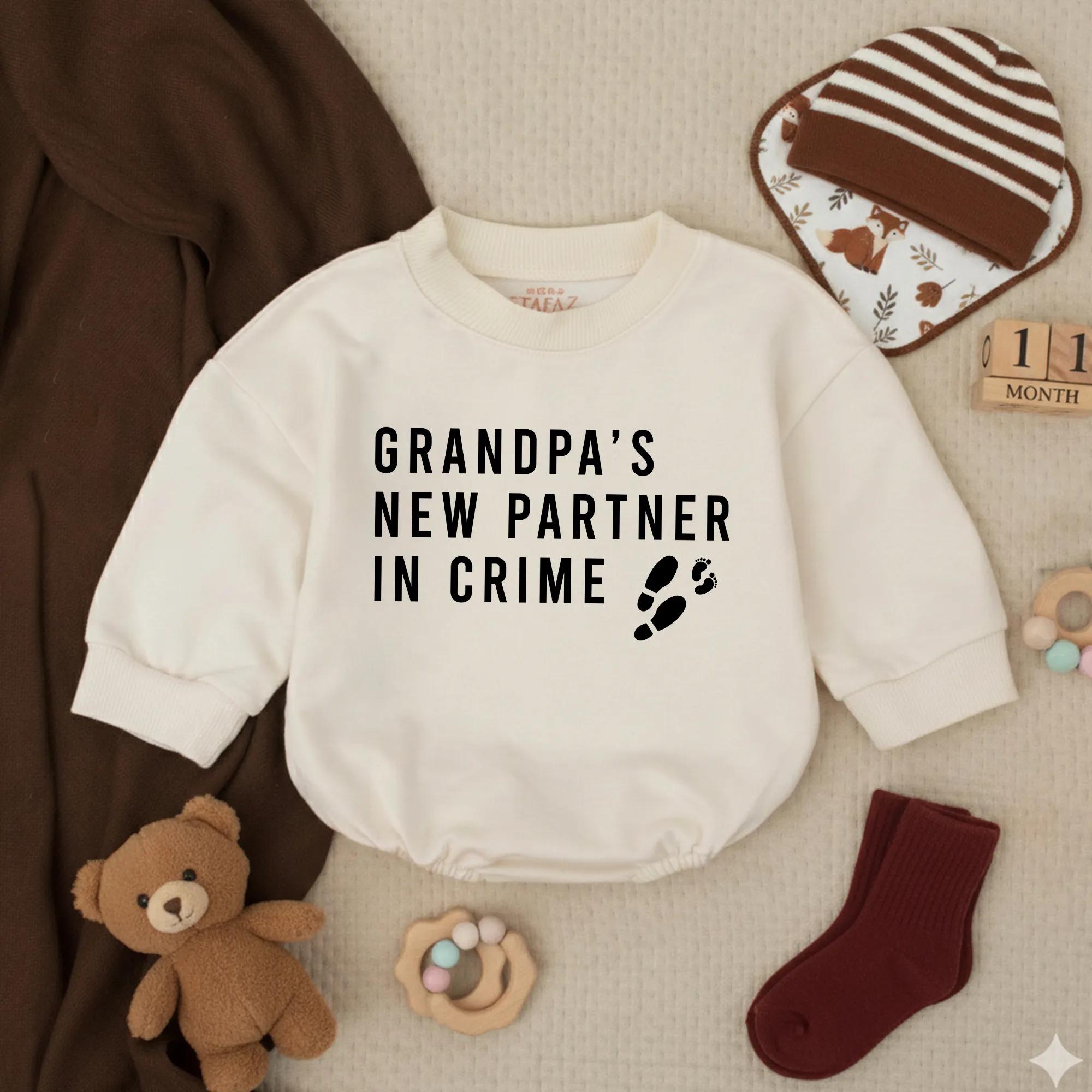 Grandpa’s New Partner in Crime Baby Romper with Footprint Graphic, Funny Newborn Outfit for Pregnancy Reveal or Baby Shower Gift