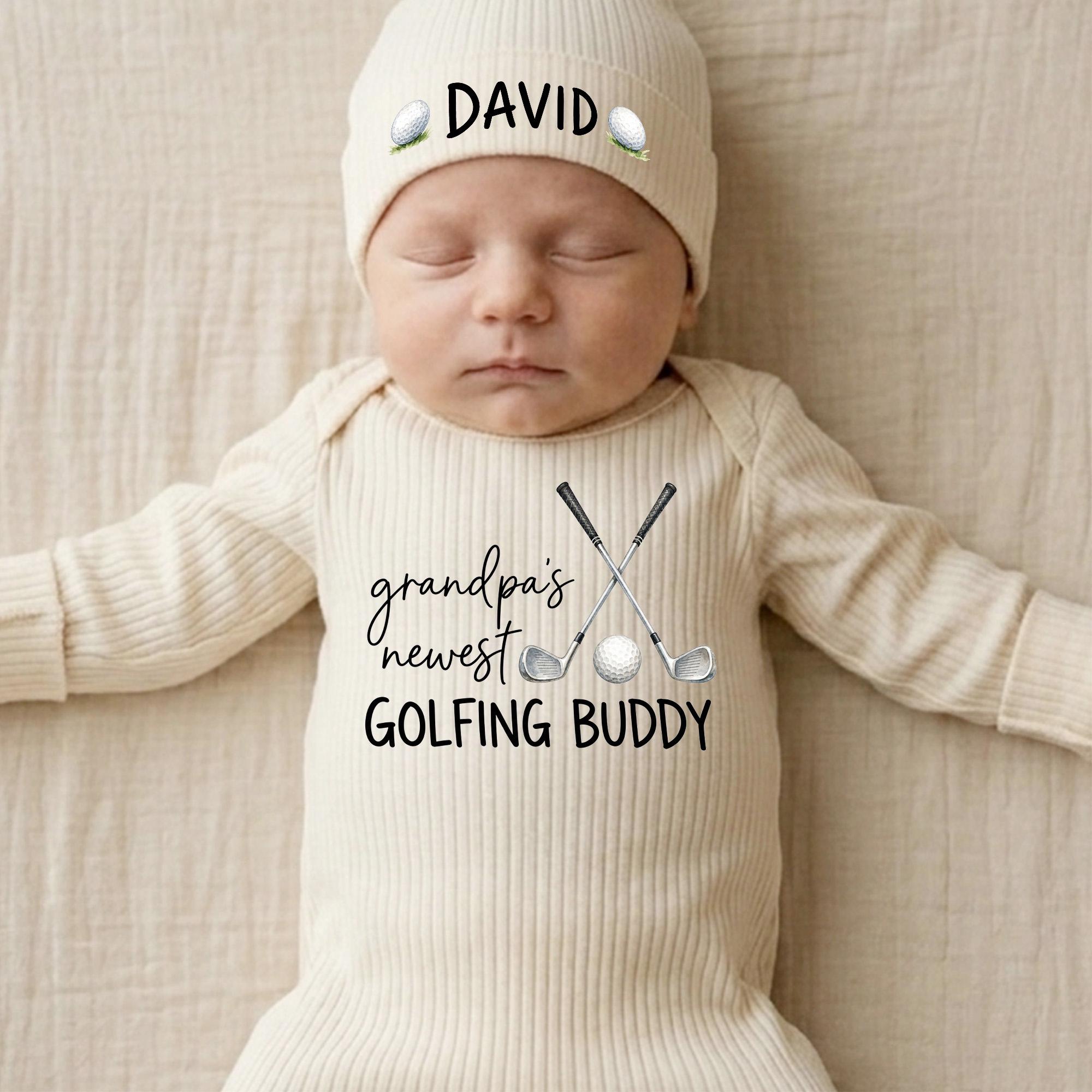 Grandpa's Newest Golfing Buddy Baby Romper with Crossed Club Artwork and Name Hat, Adorable Newborn Coming Home Outfit
