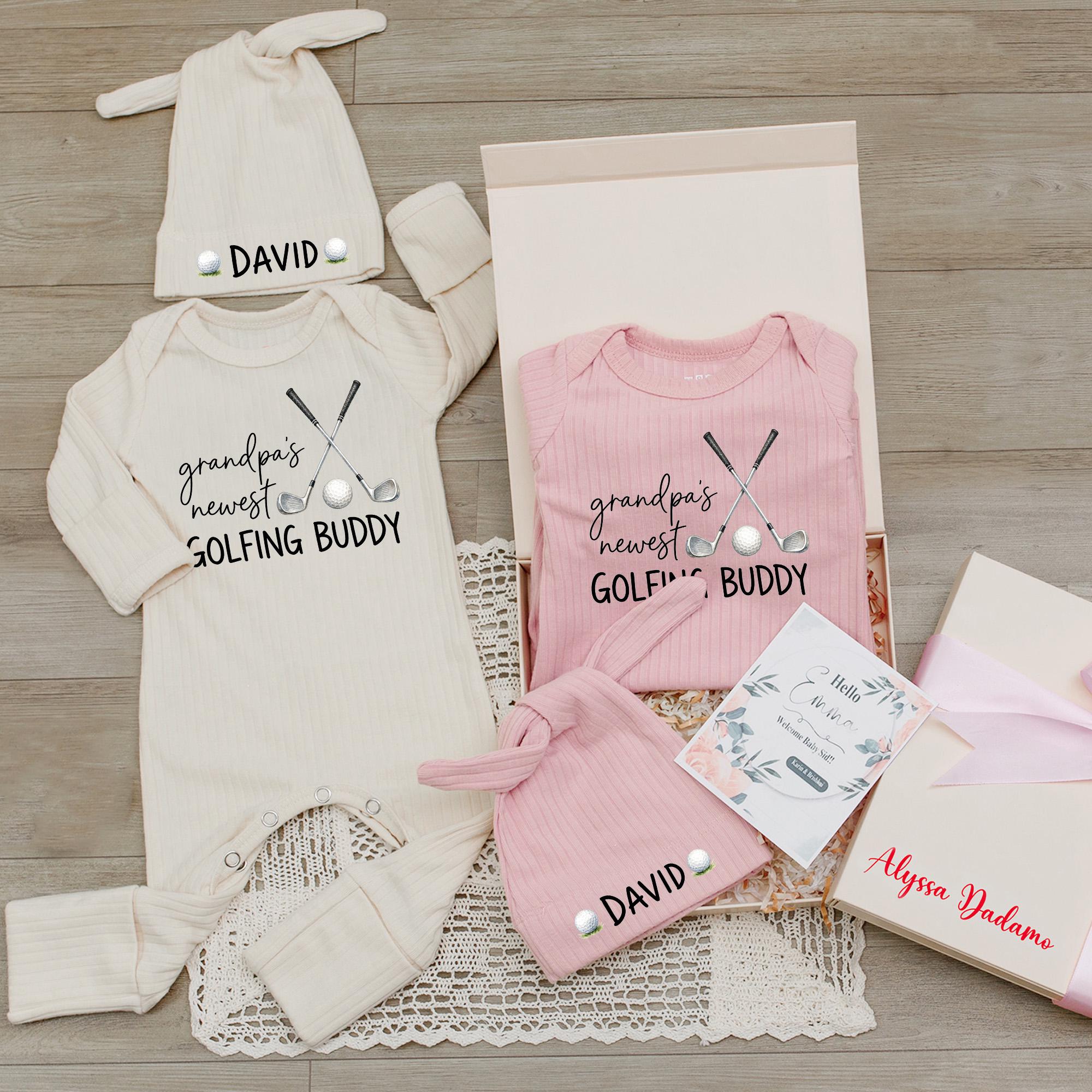 Grandpa's Newest Golfing Buddy Baby Romper with Crossed Club Artwork and Name Hat, Adorable Newborn Coming Home Outfit