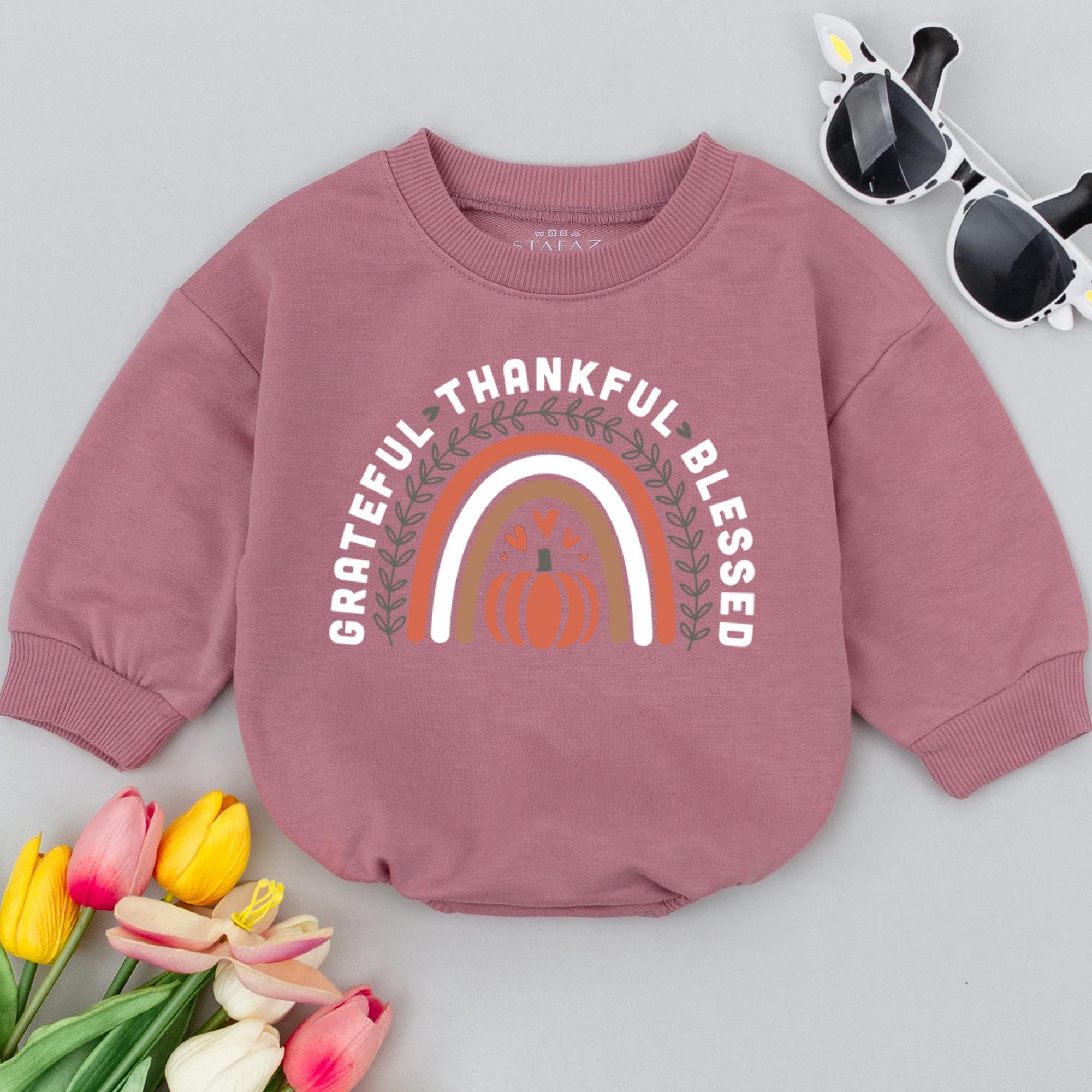 Grateful Thankful Blessed Baby Romper with Retro Rainbow Pumpkin Design Cozy Cotton Fall Thanksgiving Infant Gift Soft Autumn Toddler Outfit