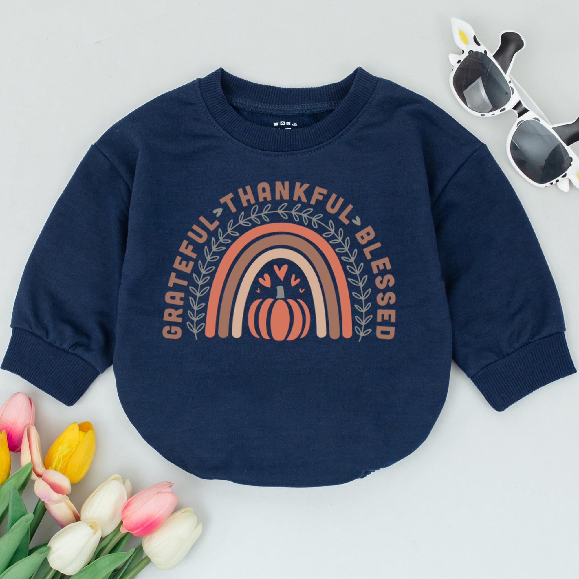 Grateful Thankful Blessed Baby Romper with Retro Rainbow Pumpkin Design Cozy Cotton Fall Thanksgiving Infant Gift Soft Autumn Toddler Outfit