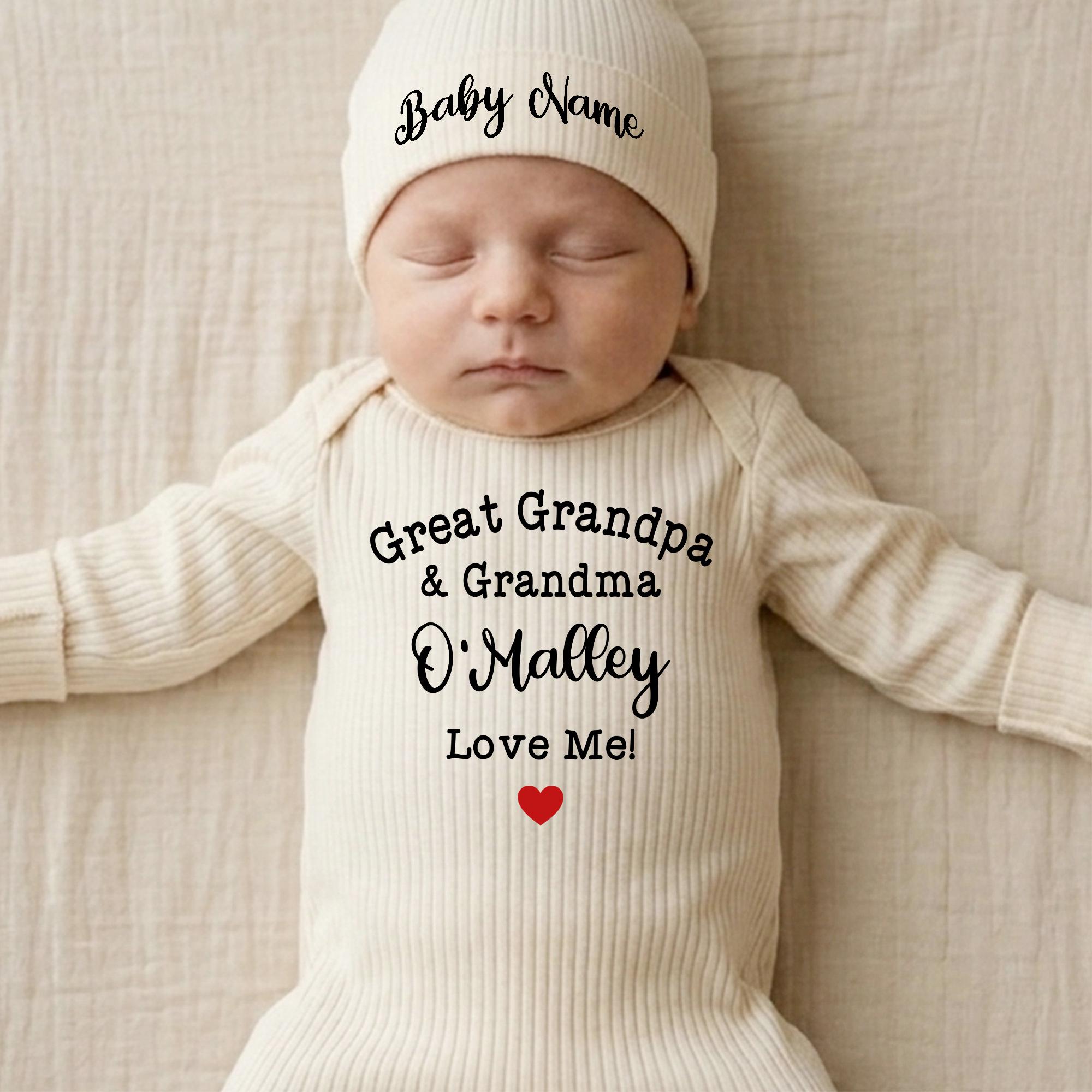 Great Grandpa & Grandma Baby Bodysuit and Hat Set with Custom Name, Love Me Design, Newborn Announcement Outfit Gift