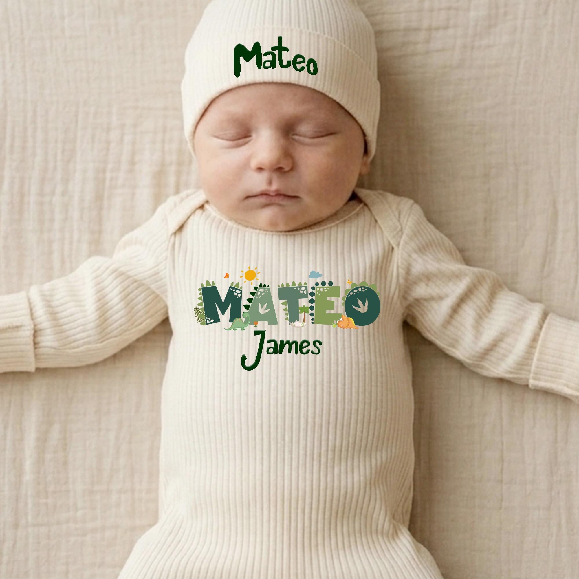 Green Dinosaur Baby Bodysuit and Hat Set with Custom Name, Newborn Coming Home Outfit for Boys, Soft Cotton Infant Gift