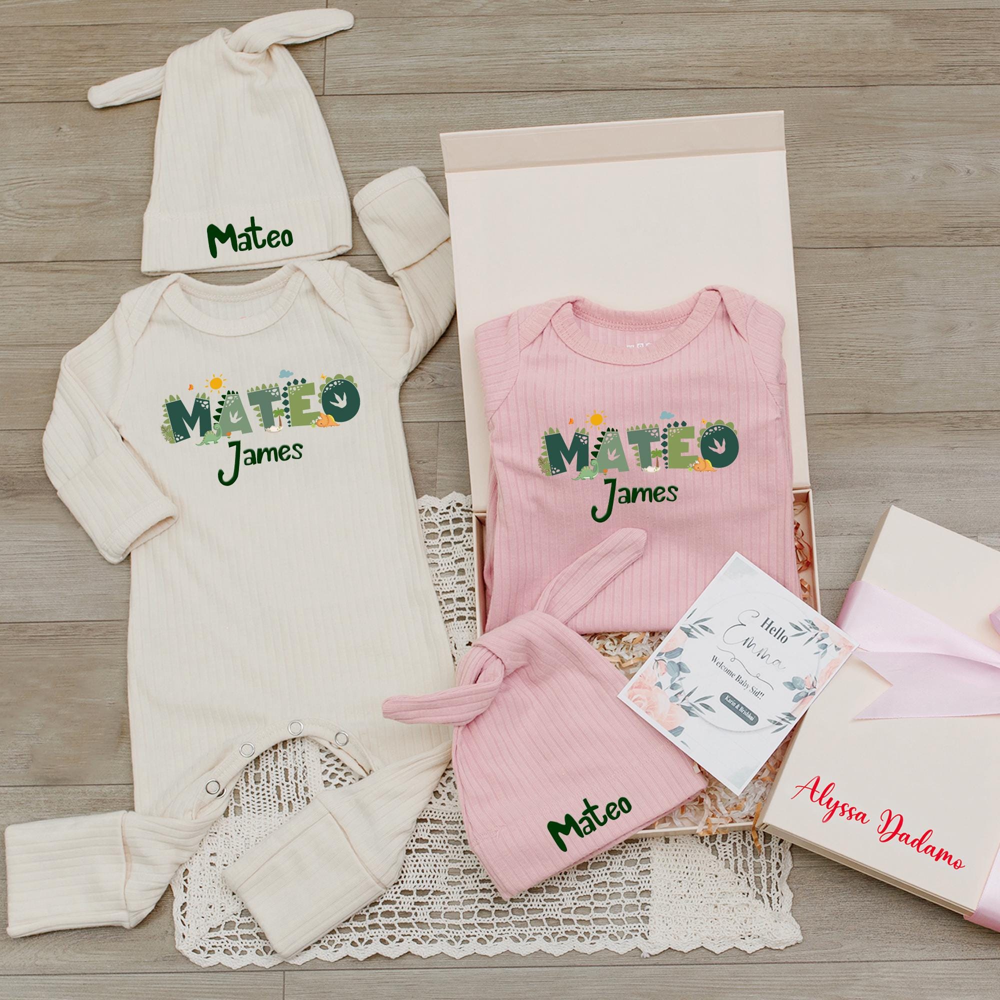 Green Dinosaur Baby Bodysuit and Hat Set with Custom Name, Newborn Coming Home Outfit for Boys, Soft Cotton Infant Gift