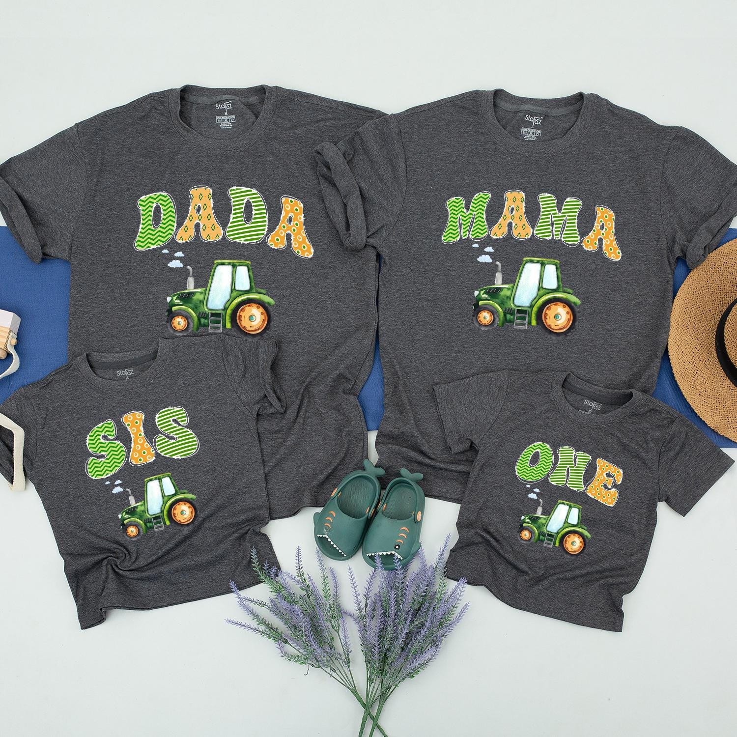 Green Tractor Custom 1st Birthday Shirt for Baby Boy Matching Family Outfit with DADA MAMA BRO Graphic Celebration Cotton Tee