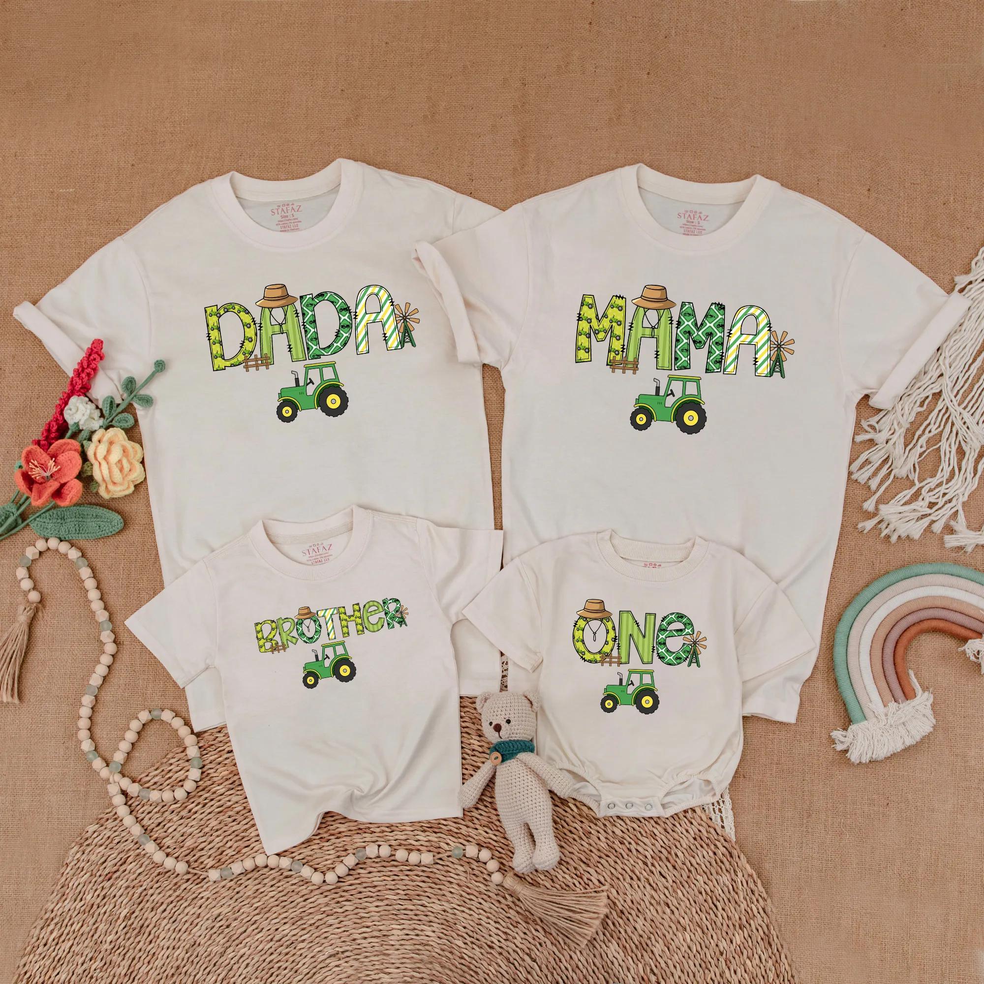 Green Tractor Family Matching Birthday Shirt for Baby Boy 1st Birthday Outfit with Fun Farm Design Mama Dada Mommy and Me Custom Gift