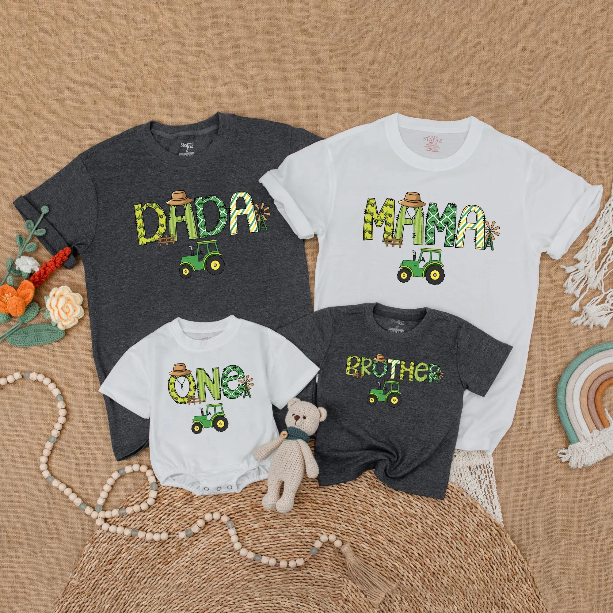 Green Tractor Family Matching Birthday Shirt for Baby Boy 1st Birthday Outfit with Fun Farm Design Mama Dada Mommy and Me Custom Gift