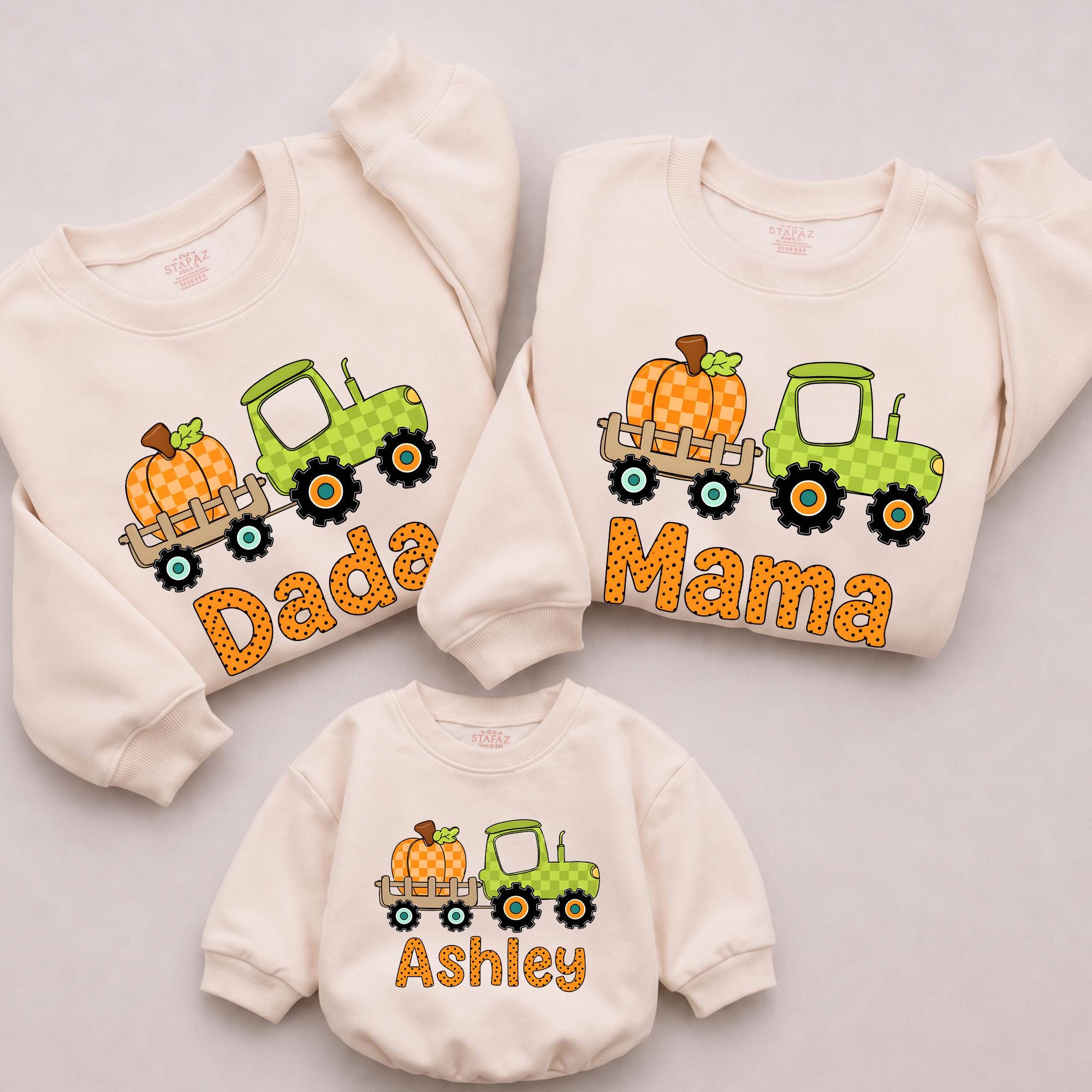 Green Tractor and Pumpkin Harvest Sweatshirt with Custom Name, Matching Family Thanksgiving Outfit, Fall Baby Romper for Pumpkin Patch