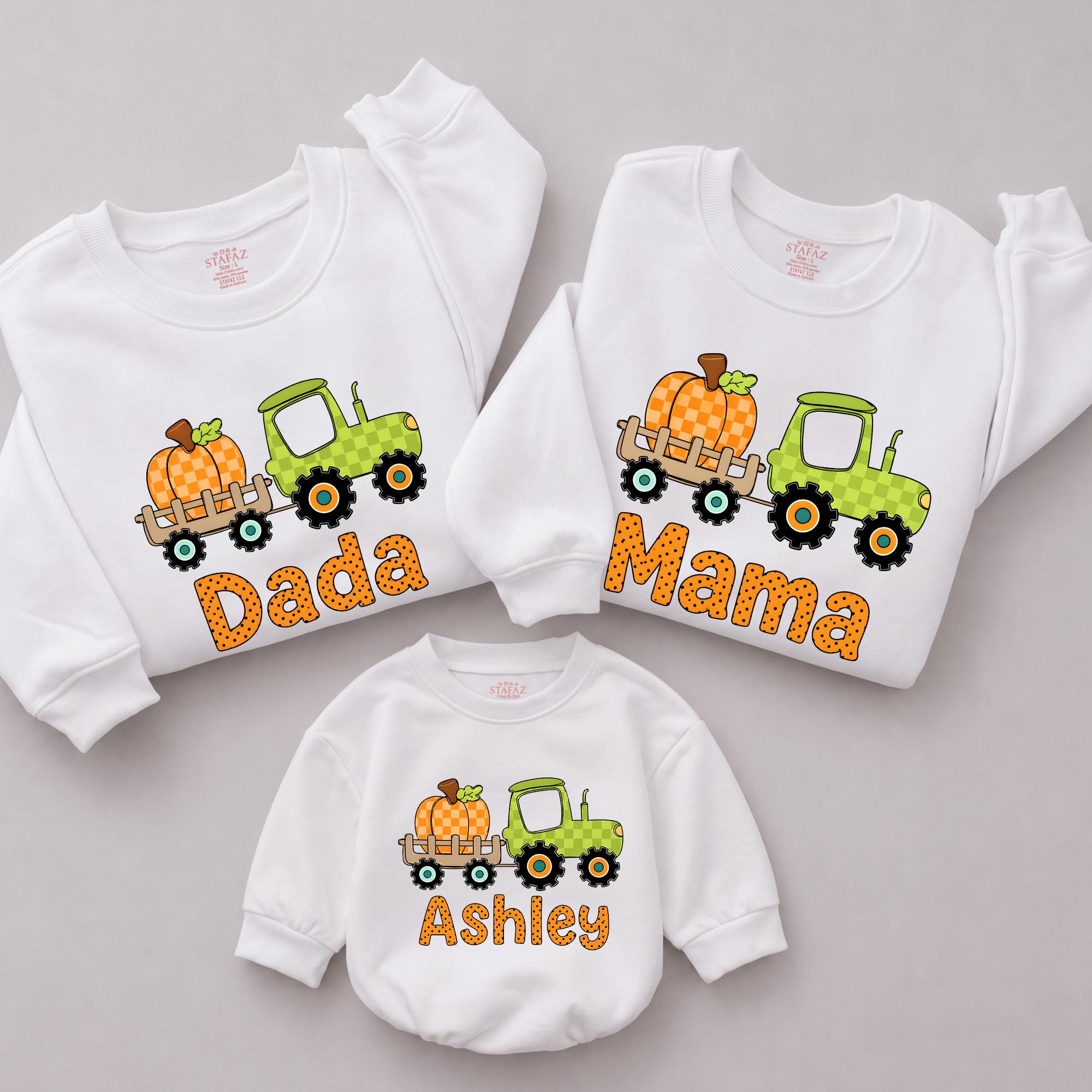 Green Tractor and Pumpkin Harvest Sweatshirt with Custom Name, Matching Family Thanksgiving Outfit, Fall Baby Romper for Pumpkin Patch