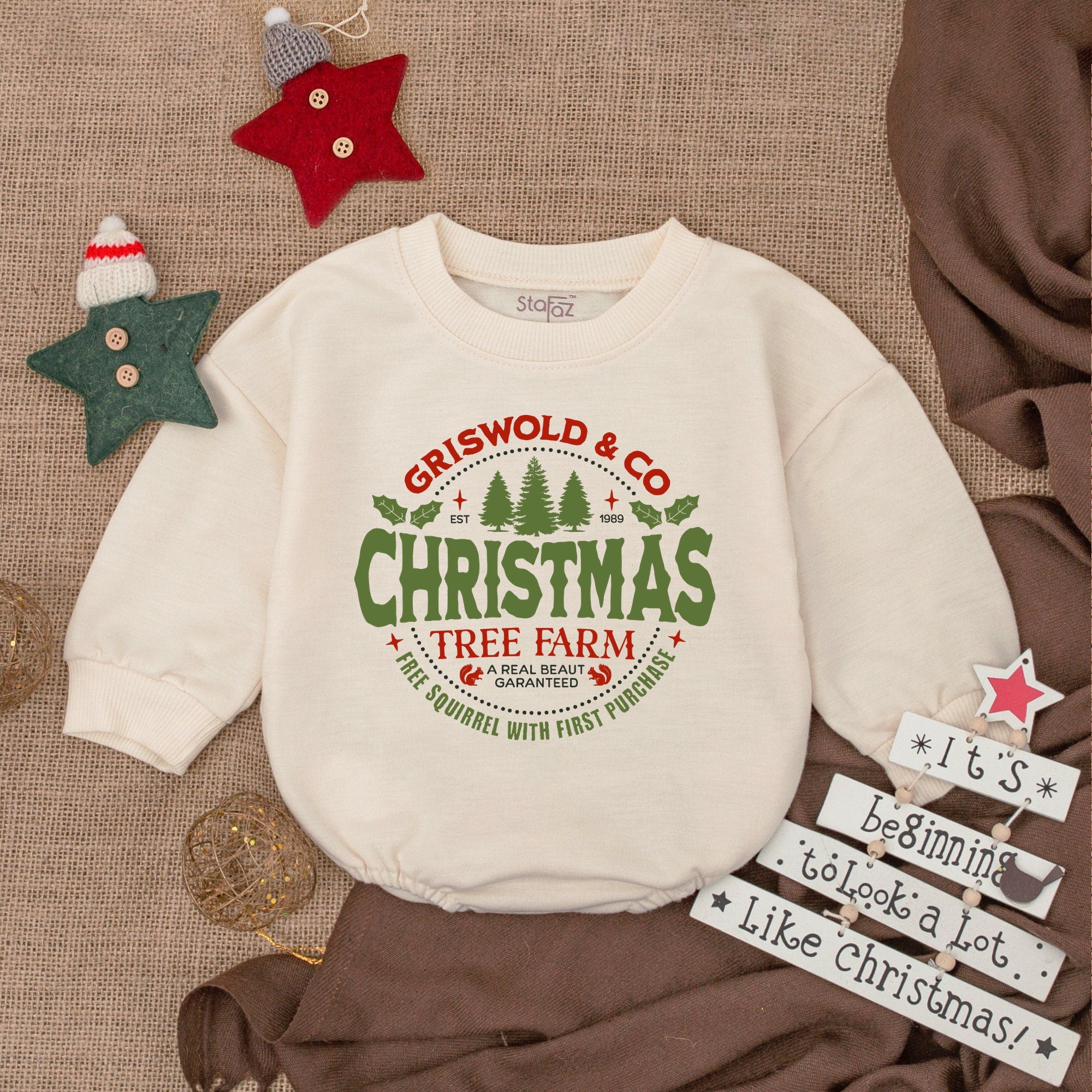 Griswold & Co Christmas Tree Farm Baby Romper Vintage Holiday Outfit Soft Cotton Newborn First Christmas Suit Nostalgic Fun Design