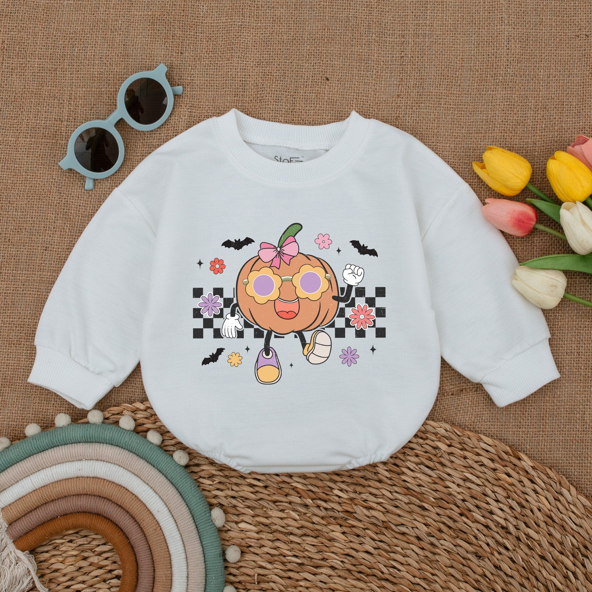 Groovy Pumpkin Baby Romper with Retro Sunglasses Halloween Outfit Soft Pastel Checkered Bubble Bodysuit for Girls Fall Baby Gift
