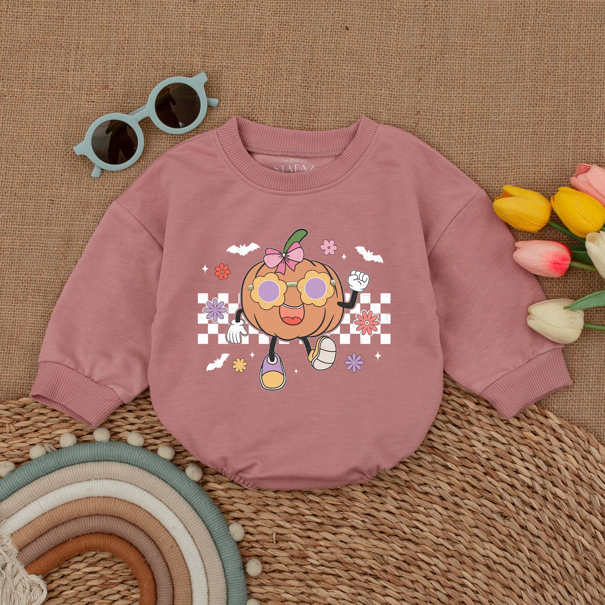 Groovy Pumpkin Baby Romper with Retro Sunglasses Halloween Outfit Soft Pastel Checkered Bubble Bodysuit for Girls Fall Baby Gift