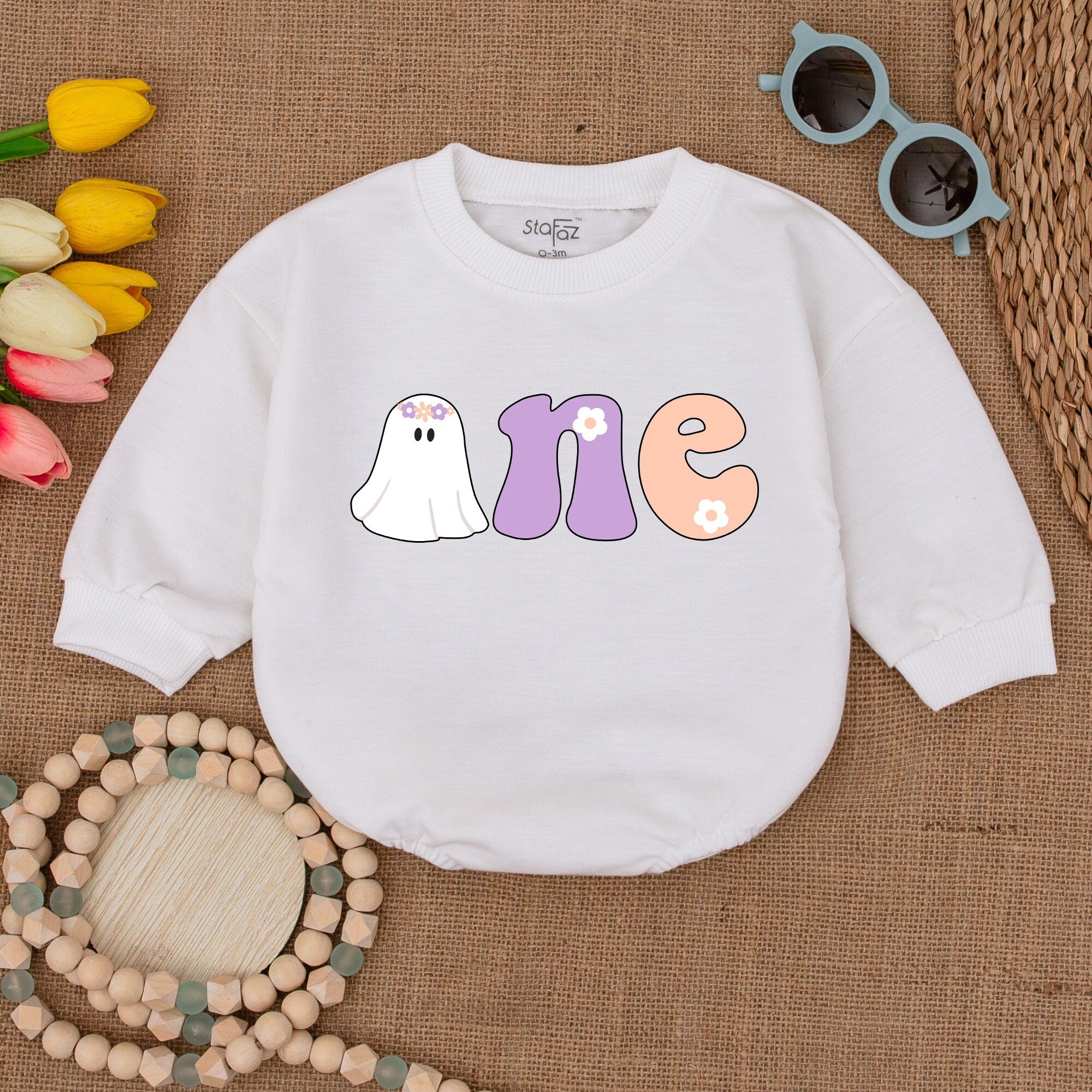 Groovy Spooky One Halloween Baby Romper with Ghost and Flowers First Birthday Outfit Fall Celebration