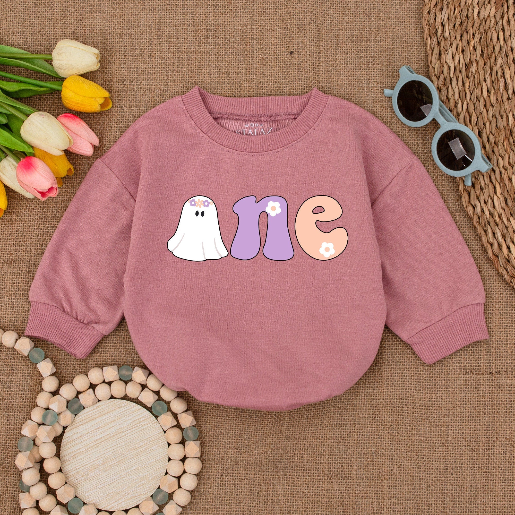 Groovy Spooky One Halloween Baby Romper with Ghost and Flowers First Birthday Outfit Fall Celebration