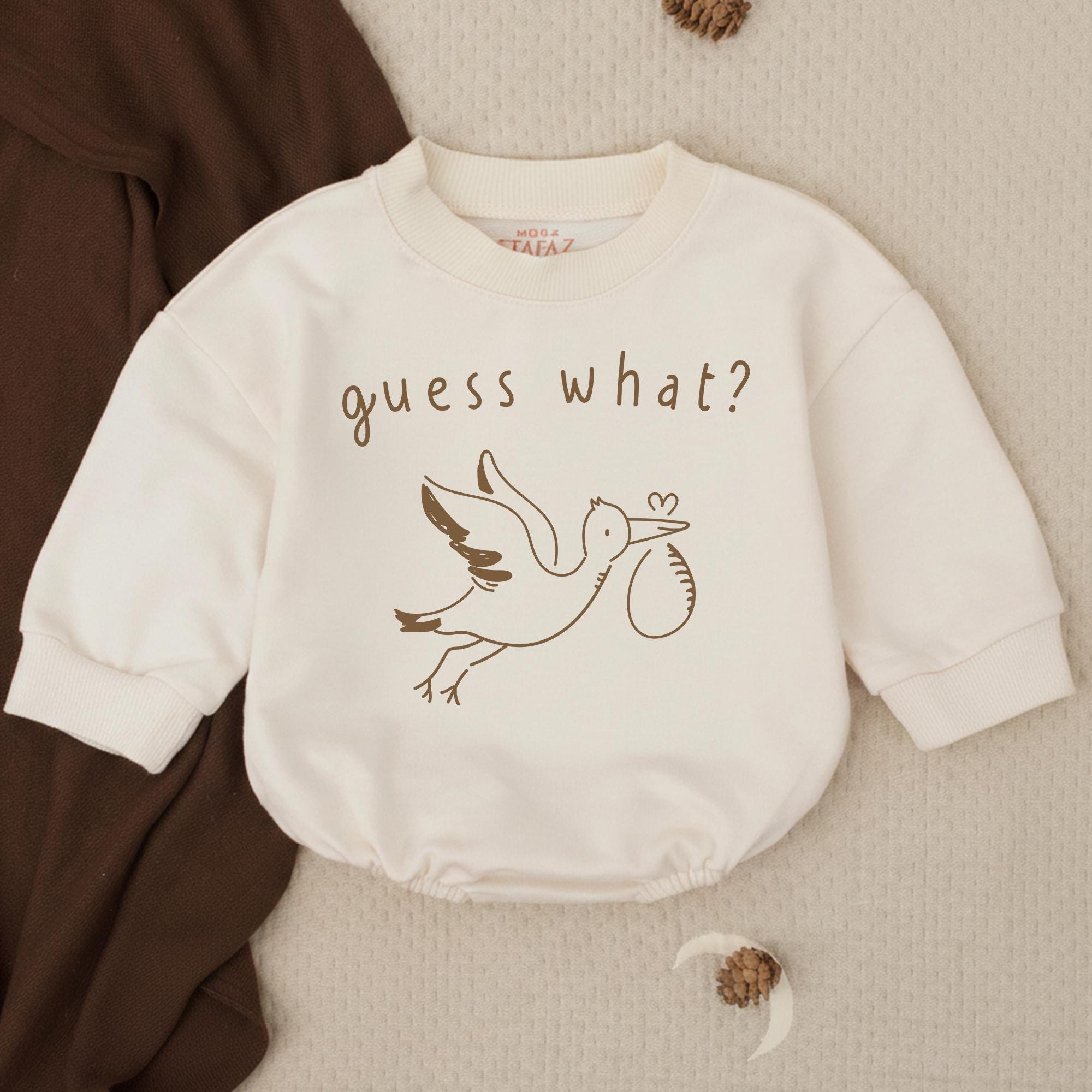 Guess What Baby Announcement Romper with Stork Design Pregnancy Reveal Outfit Gender Neutral Cotton Newborn Toddler Shower Gift