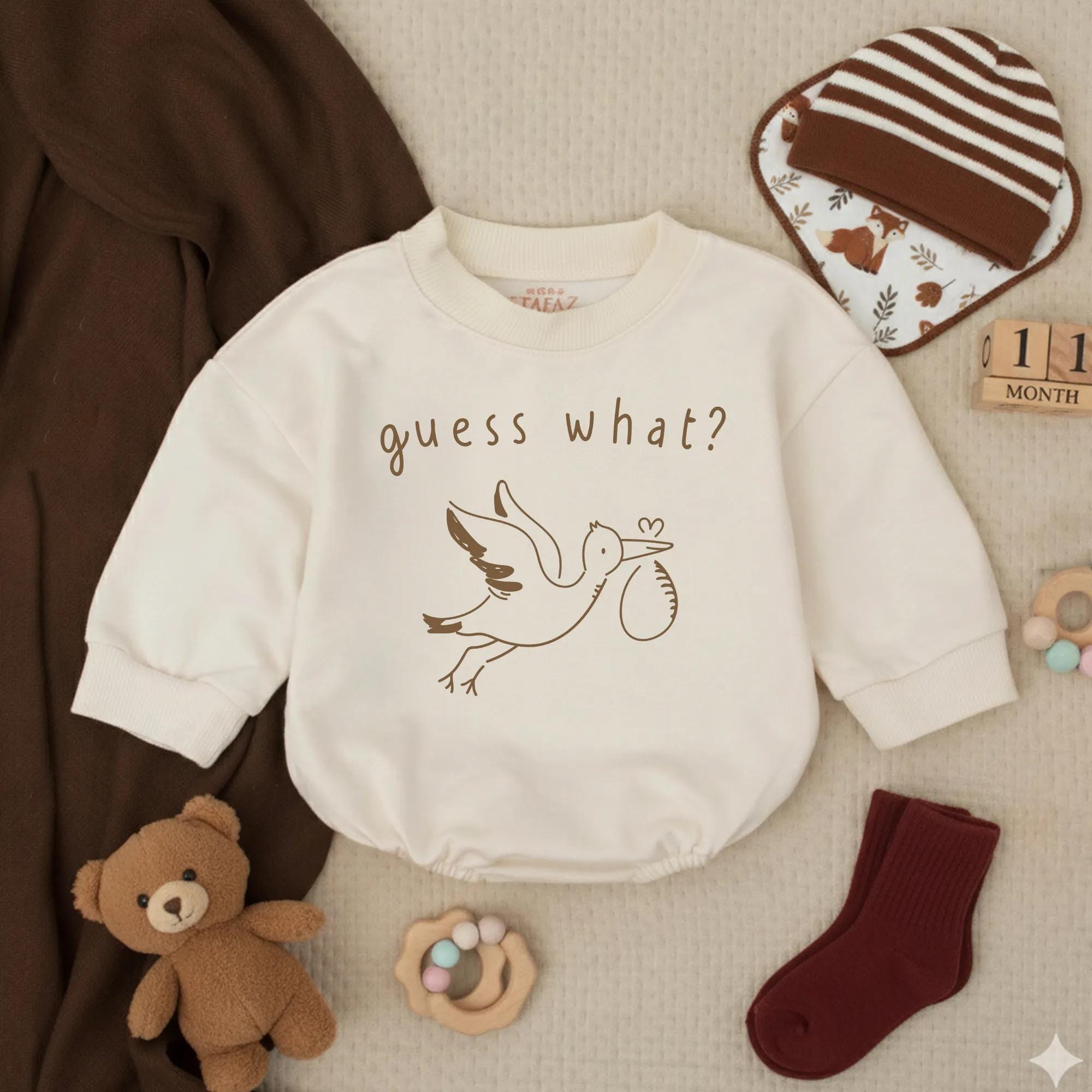 Guess What Baby Announcement Romper with Stork Design Pregnancy Reveal Outfit Gender Neutral Cotton Newborn Toddler Shower Gift