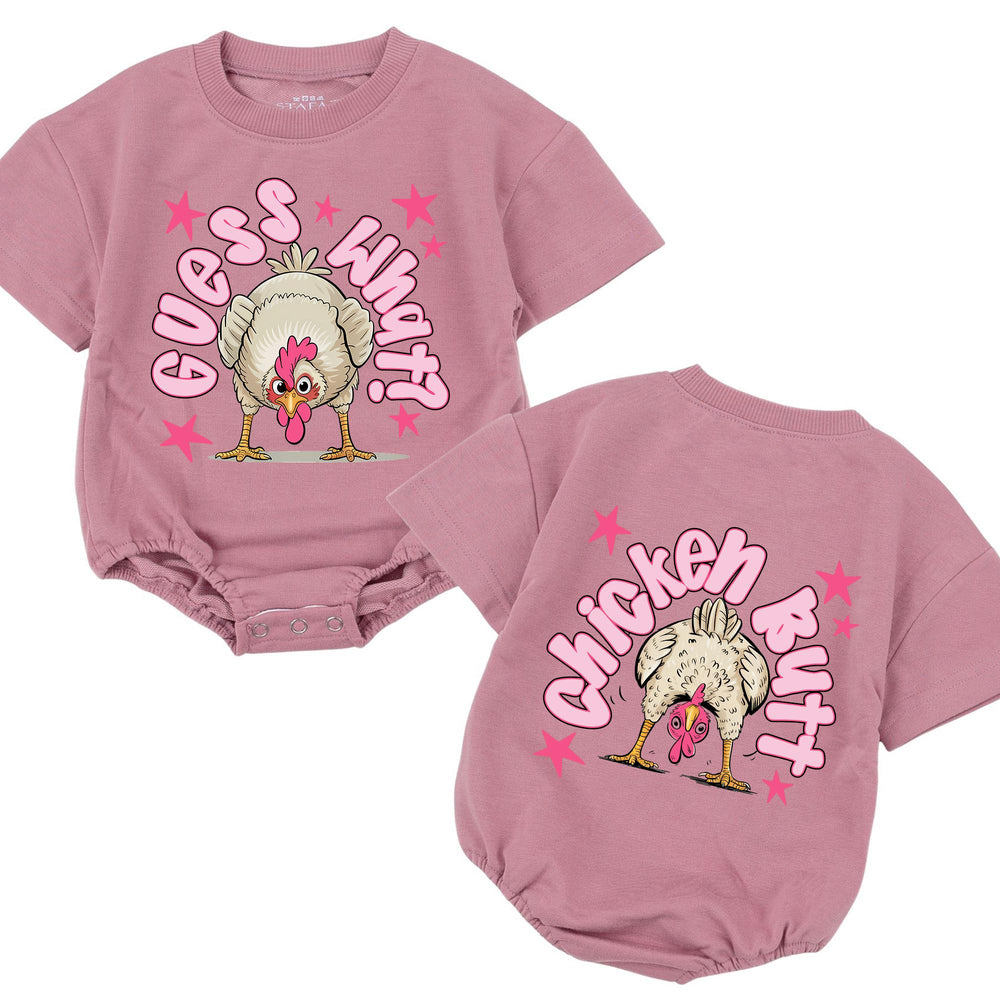 Guess What Chicken Butt Baby Romper with Funny Cartoon Design, Soft Cotton Bodysuit for Girls, Retro Humor Gift for Birthdays or Holidays