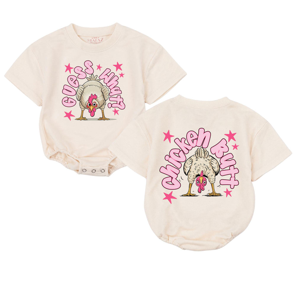 Guess What Chicken Butt Baby Romper with Funny Cartoon Design, Soft Cotton Bodysuit for Girls, Retro Humor Gift for Birthdays or Holidays