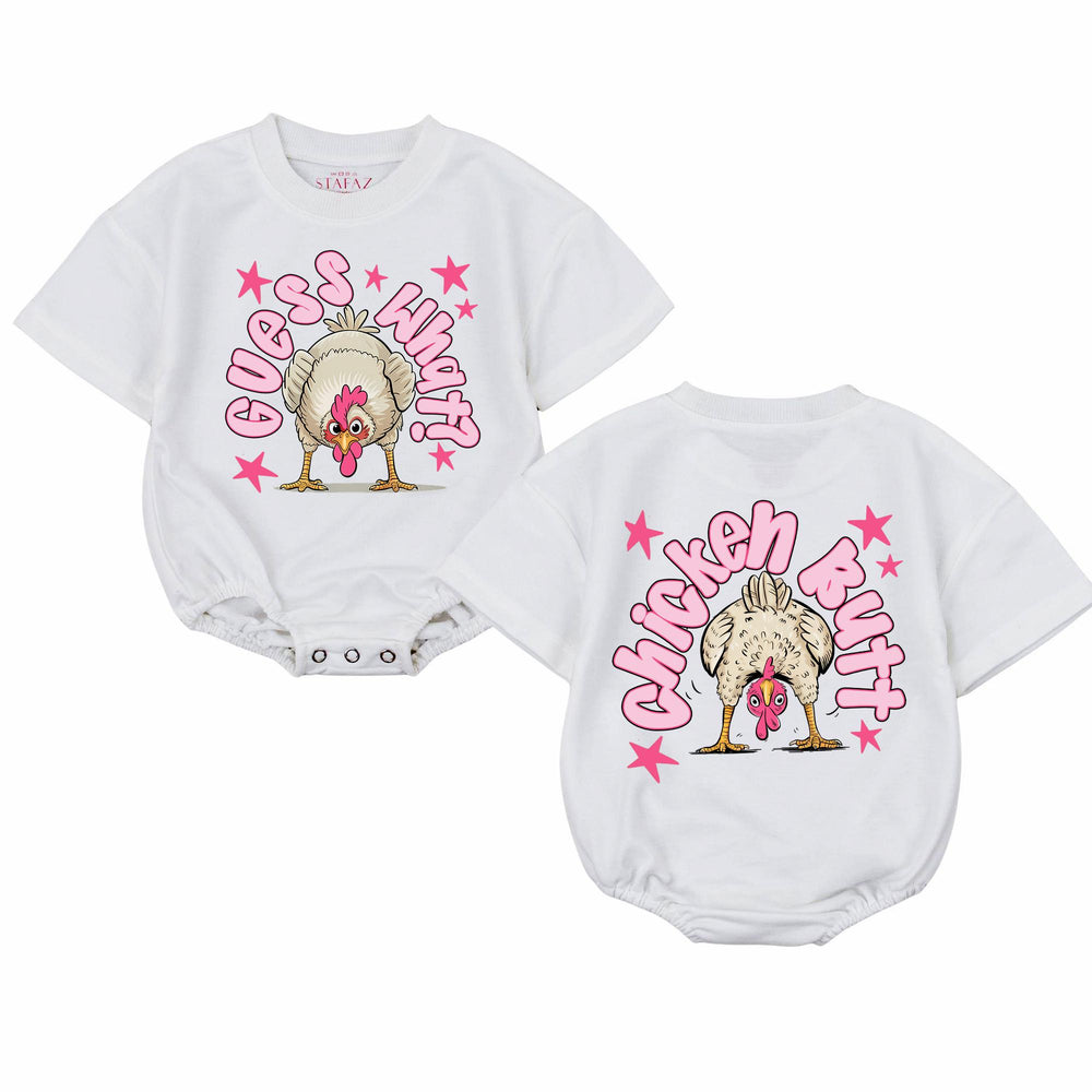 Guess What Chicken Butt Baby Romper with Funny Cartoon Design, Soft Cotton Bodysuit for Girls, Retro Humor Gift for Birthdays or Holidays