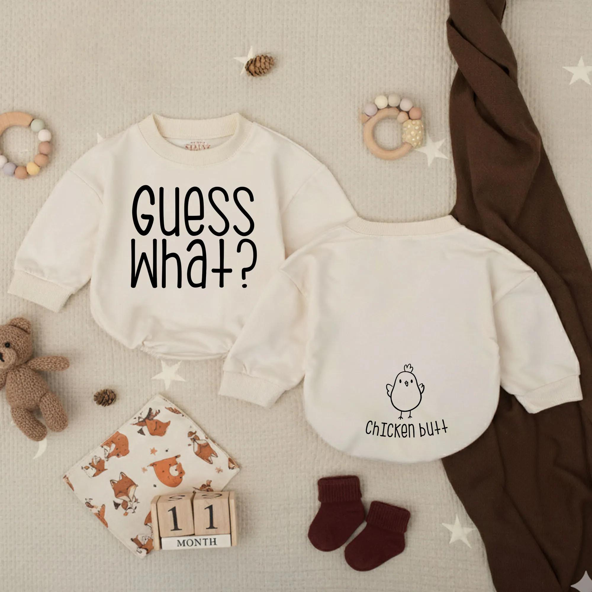 Guess What Chicken Butt Baby Romper Funny Farm Outfit Soft Cotton Infant Toddler Clothes Cute Shower Gift for Boys or Girls