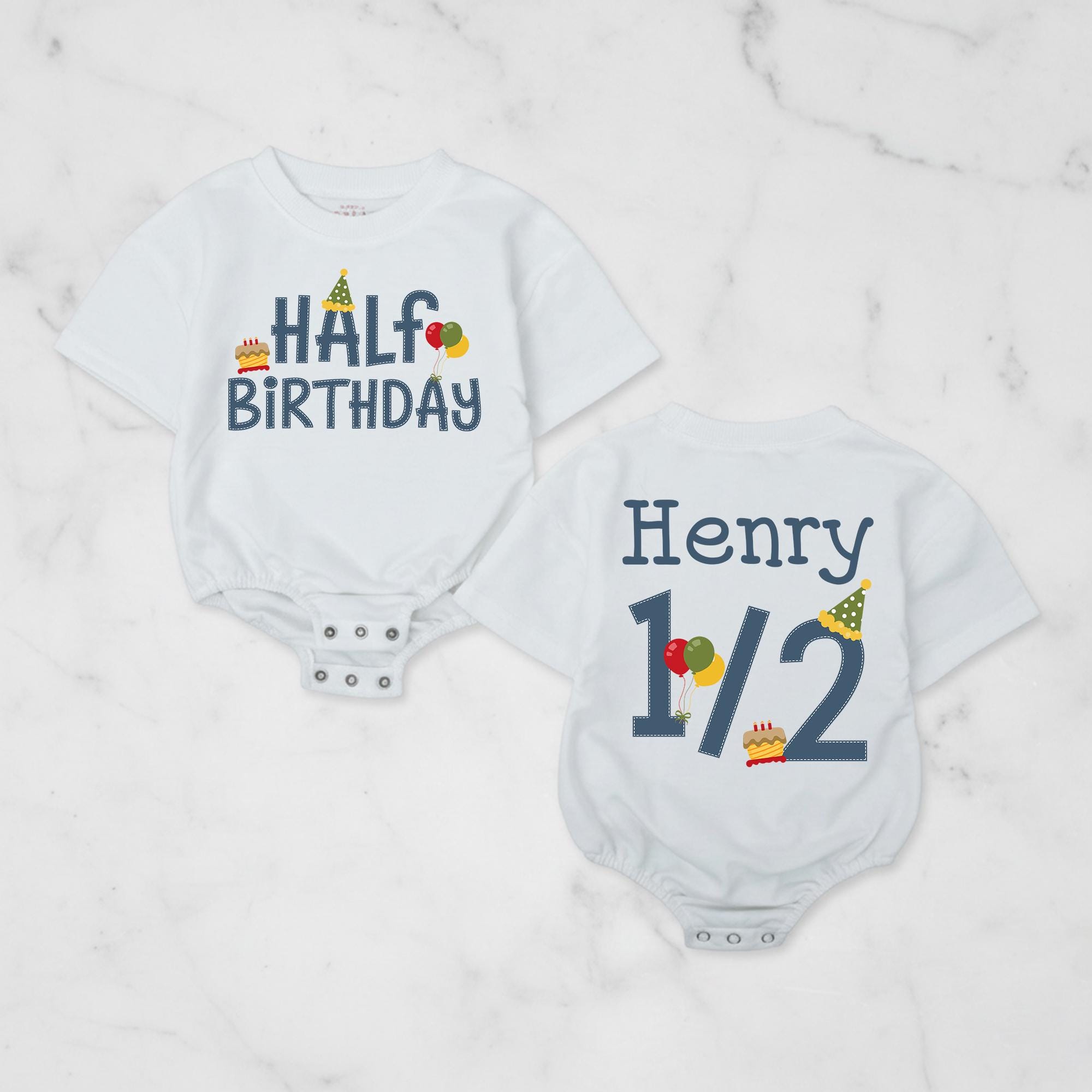 Half Birthday Baby Boy Bubble Romper with Custom Name, 1/2 Milestone Outfit, Six Month Birthday Party Photo Clothes