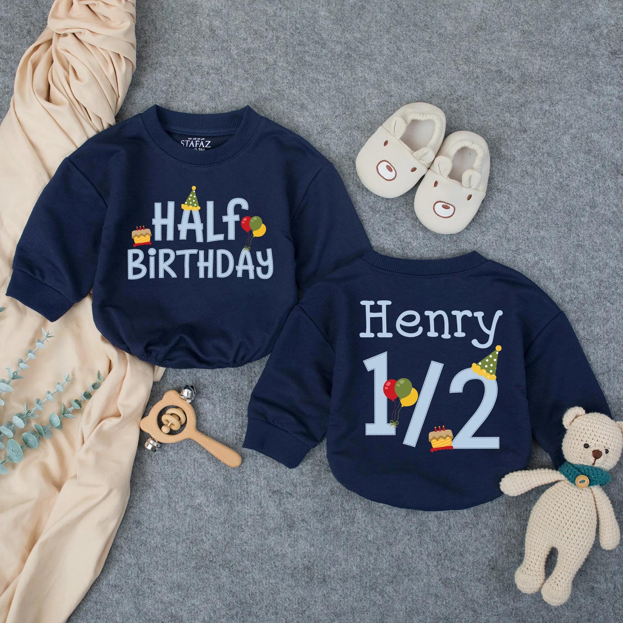 Half Birthday Baby Boy Romper with Name Henry 1/2 Design, Personalized 6 Months Milestone Outfit, Soft Cotton Infant Celebration Gift