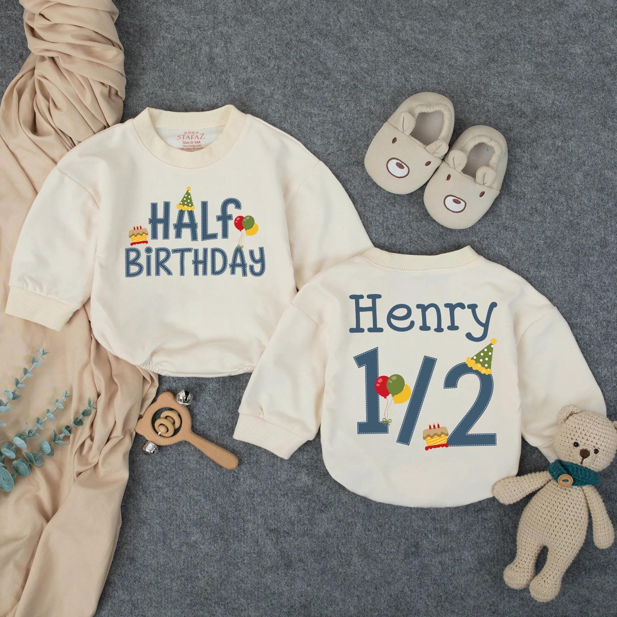 Half Birthday Baby Boy Romper with Name Henry 1/2 Design, Personalized 6 Months Milestone Outfit, Soft Cotton Infant Celebration Gift