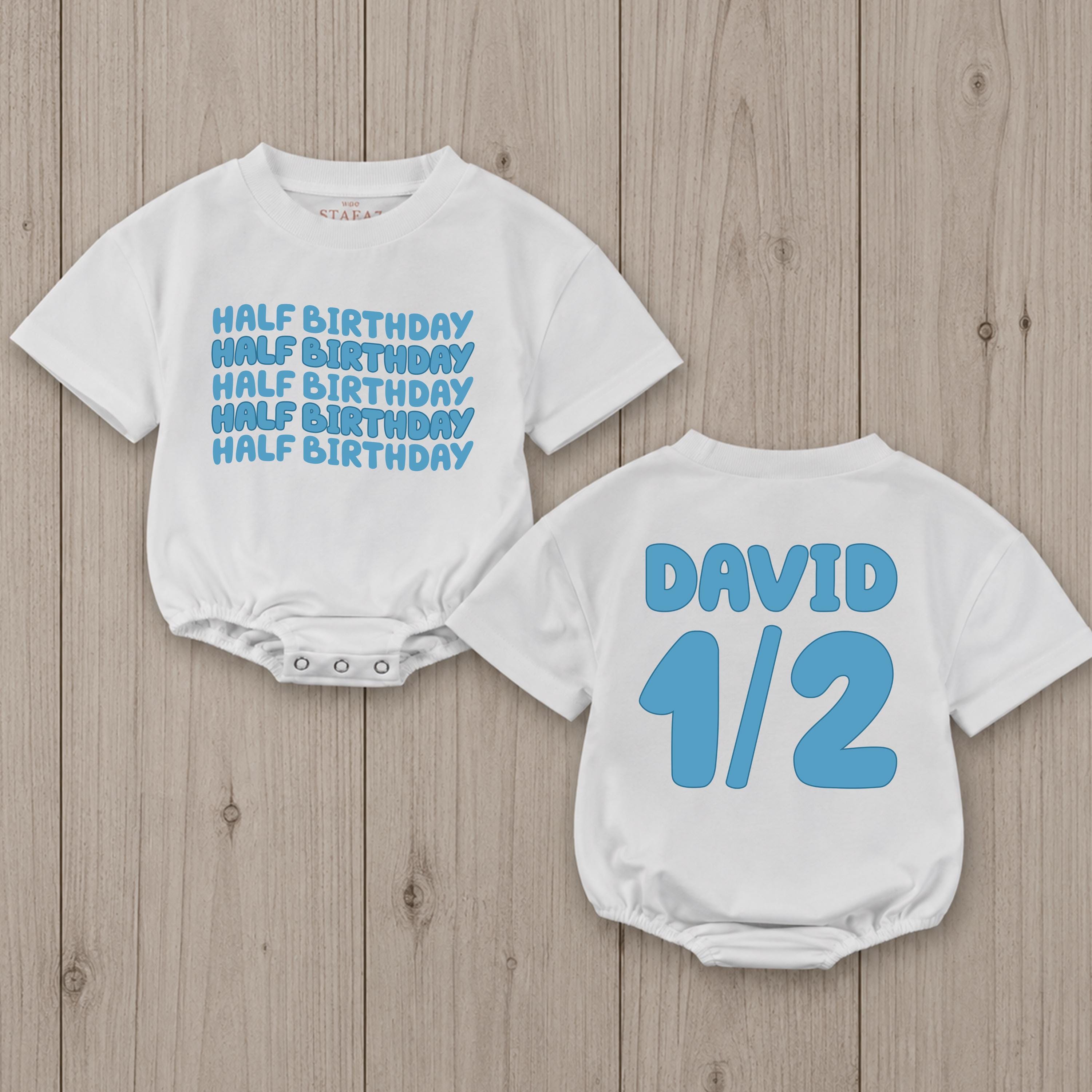 Half Birthday Baby Romper with Blue Text Design, Personalized Name & 1/2 Print, Six Month Milestone Outfit, Cake Smash Clothes