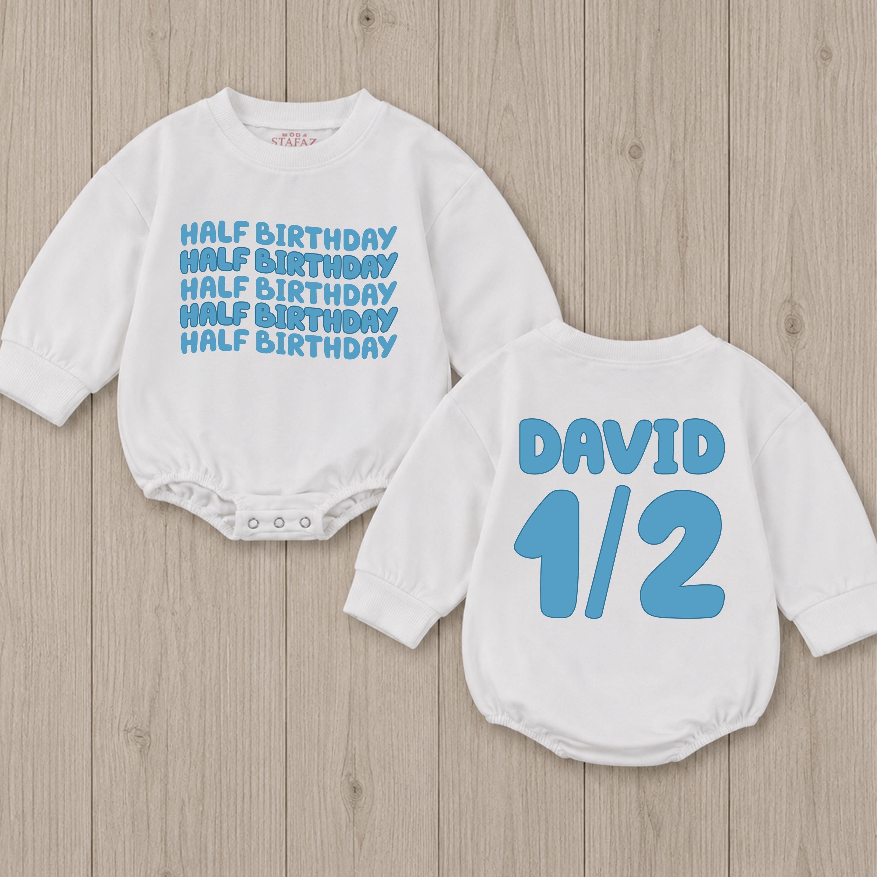 Half Birthday Baby Romper with Blue Text Design, Personalized Name & 1/2 Print, Six Month Milestone Outfit, Cake Smash Clothes