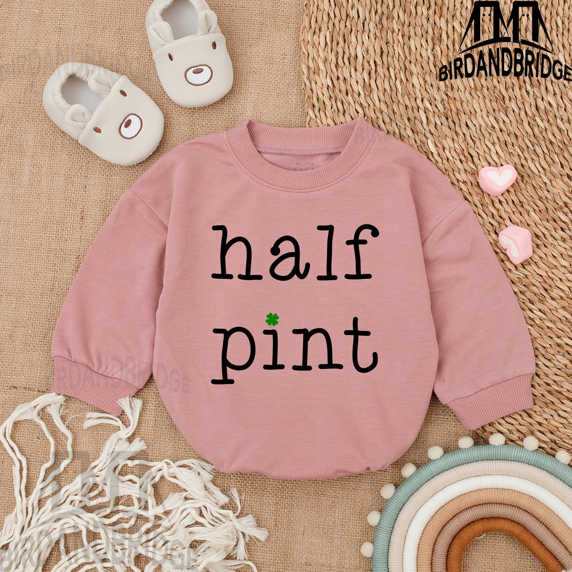 Half Pint Baby Romper Shamrock Design St. Patrick's Day Outfit Light Mauve Cotton Soft Infant Bodysuit Holiday Newborn Gift