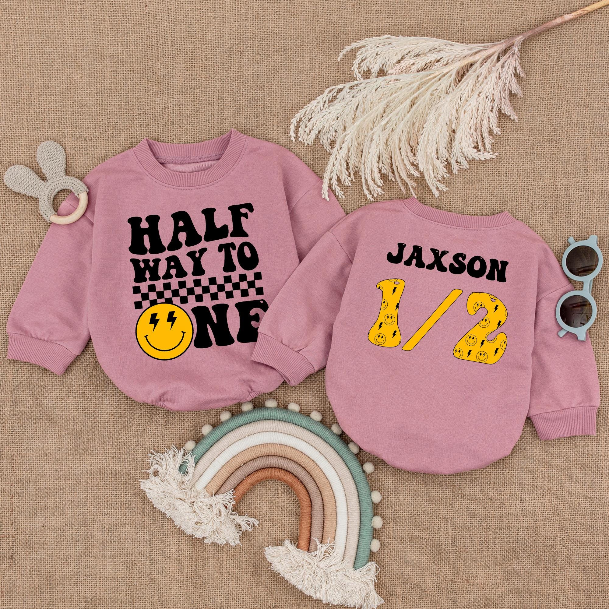 Half Way To One Baby Boy Birthday Romper Smiley Face Lightning Bolt Design Fun Toddler Outfit Personalized Gift Cotton 1st Birthday Celebration