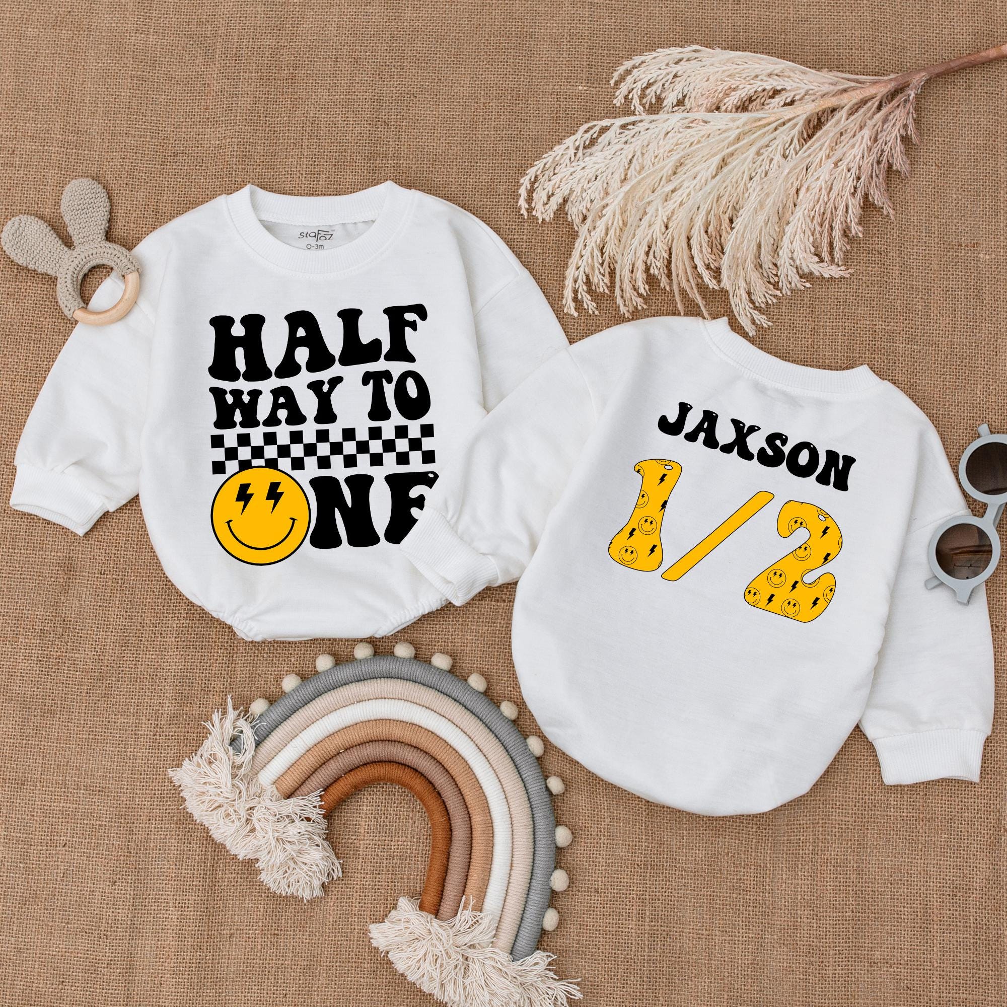 Half Way To One Baby Boy Birthday Romper Smiley Face Lightning Bolt Design Fun Toddler Outfit Personalized Gift Cotton 1st Birthday Celebration