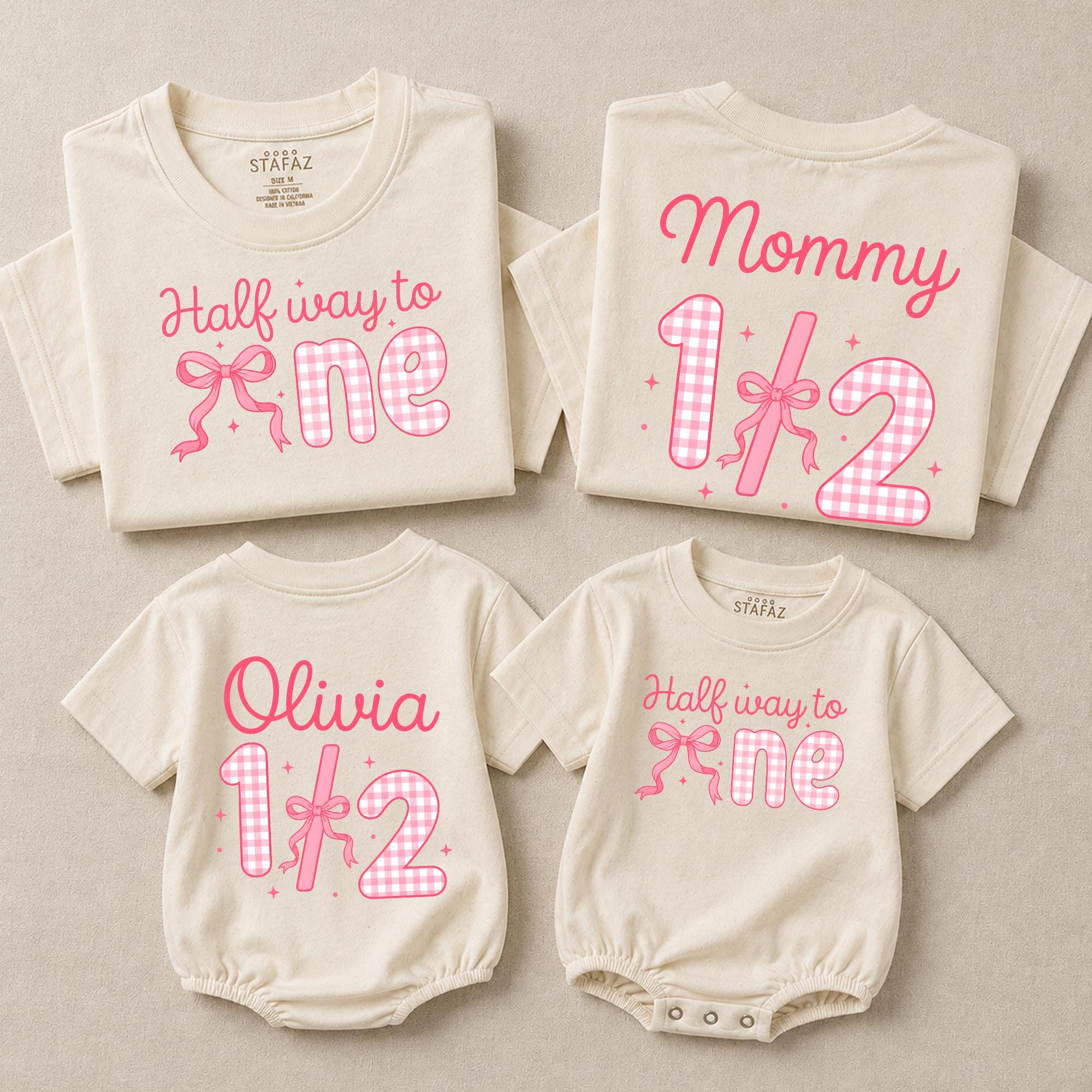 Half Way to One Baby Girl Outfit with Pink Bow and Gingham Print, 6 Month Birthday Romper or T-Shirt with Custom Name