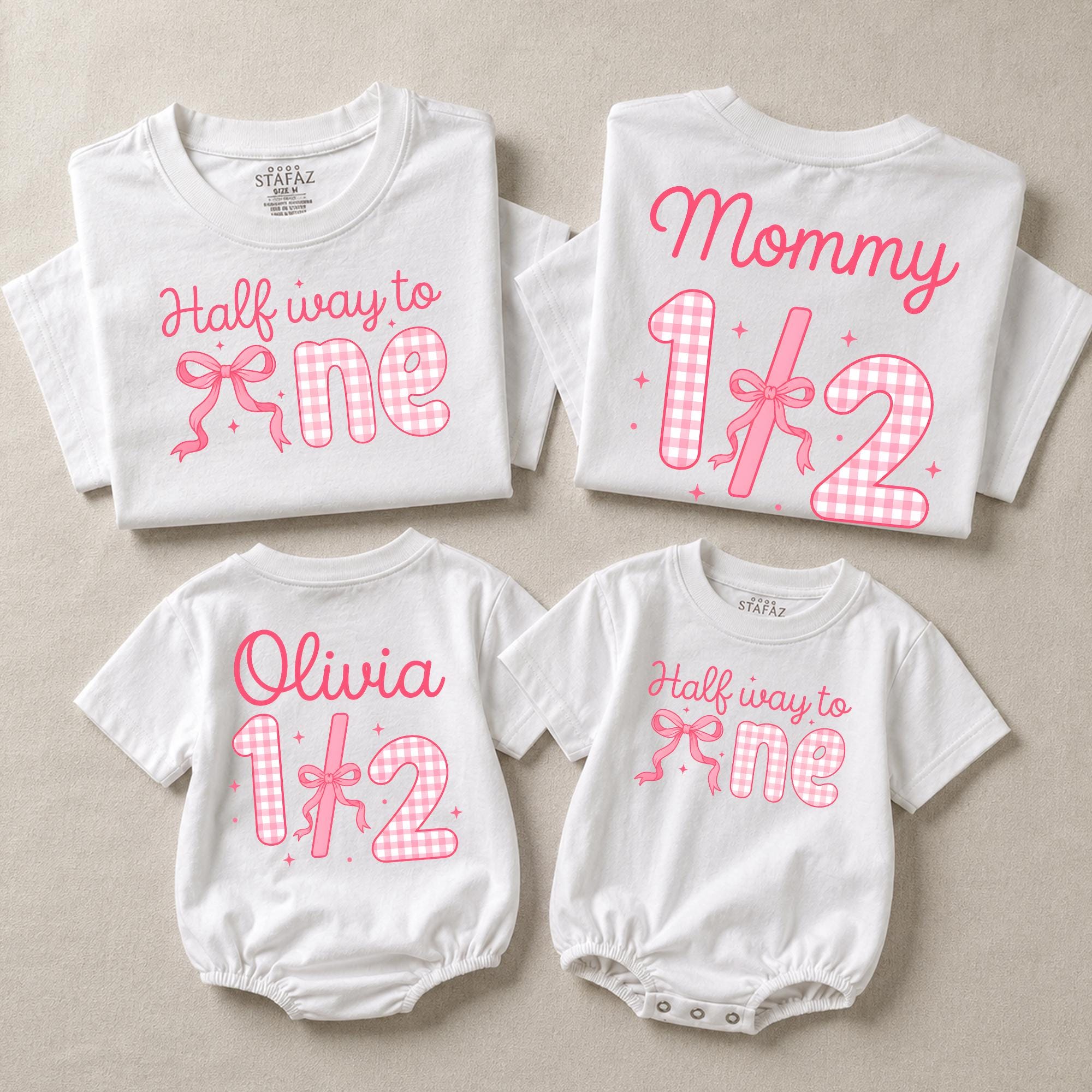 Half Way to One Baby Girl Outfit with Pink Bow and Gingham Print, 6 Month Birthday Romper or T-Shirt with Custom Name