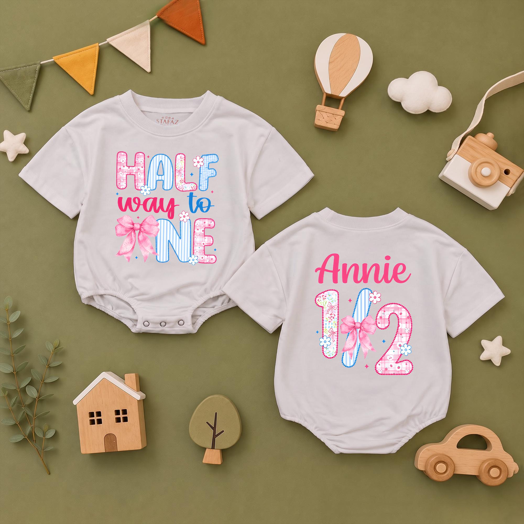 Half Way to One Baby Girl Romper with Pink Bow and Floral Print, Custom Name 6 Month Birthday Outfit for Milestone Photos