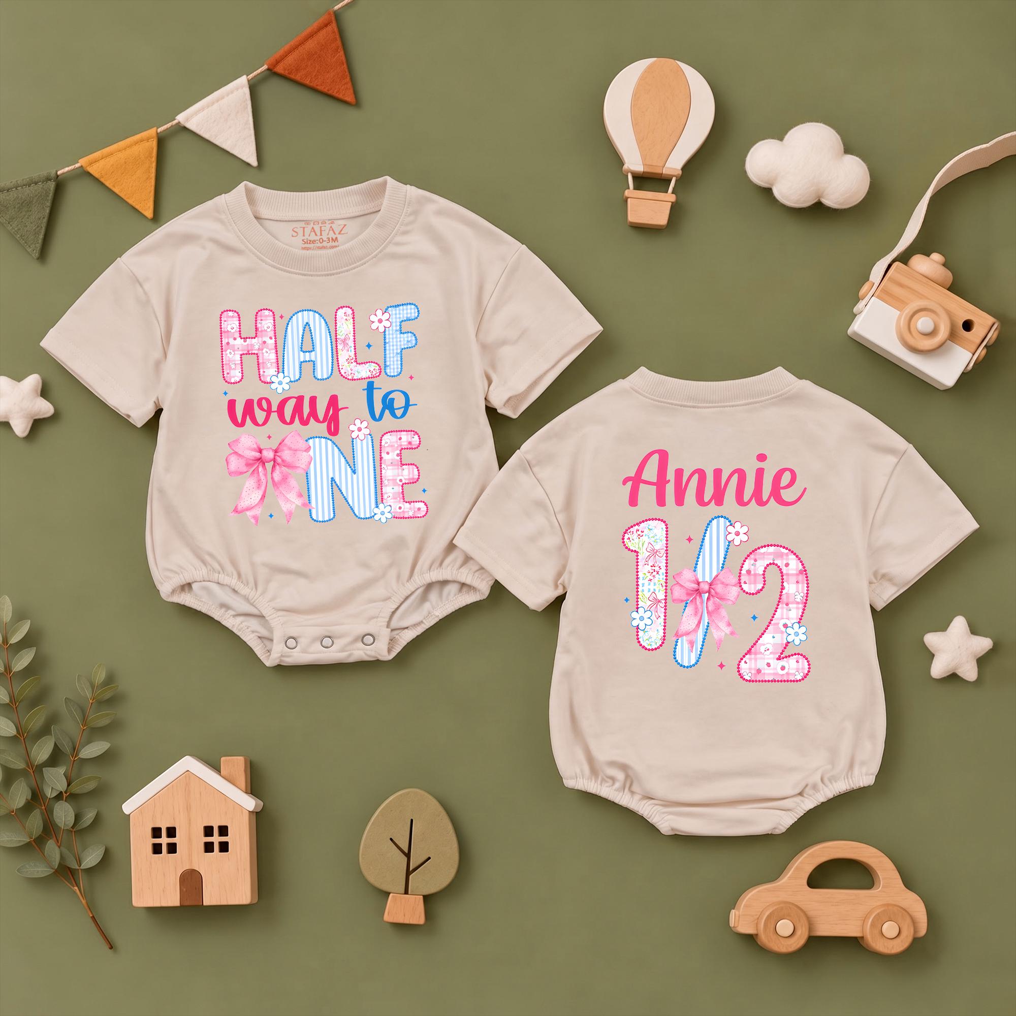 Half Way to One Baby Girl Romper with Pink Bow and Floral Print, Custom Name 6 Month Birthday Outfit for Milestone Photos